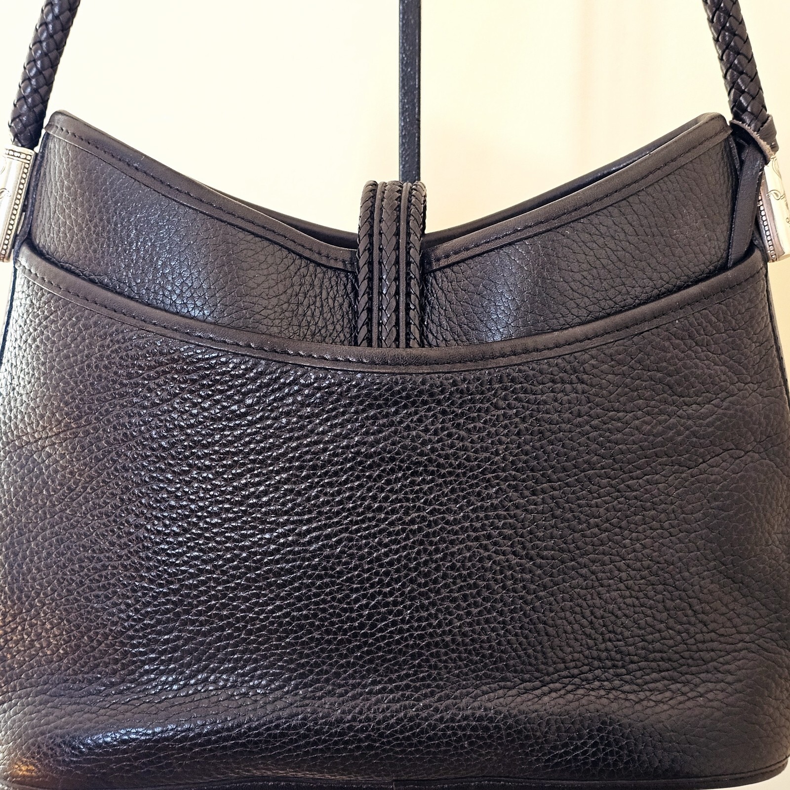 VTG Brighton Black Pebble Leather Braided Strap Silver Heart Purse Hobo HandBag
