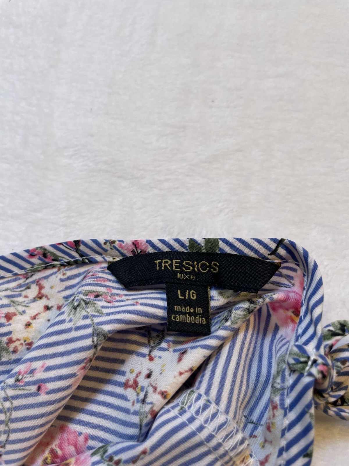 FairyCore Tresics Luxe L Pink Blue White Pin Stripe Dress Floral VNeck Back Tie
