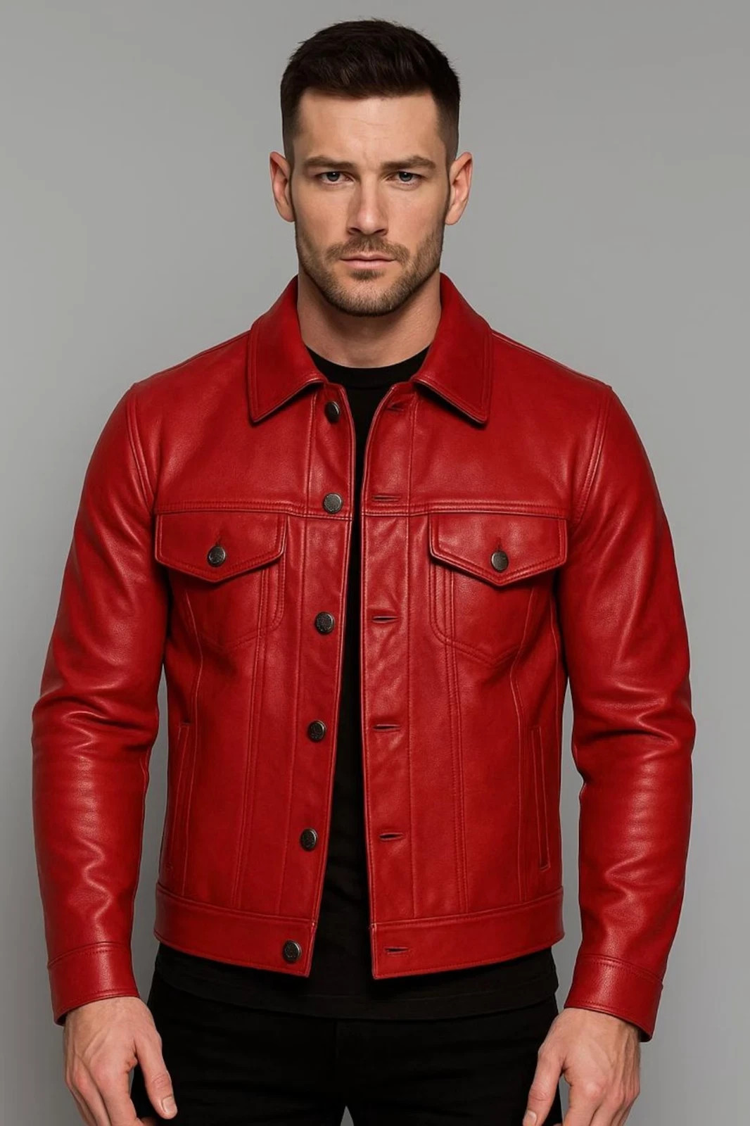 Leather Trucker Jacket for Men Red Pure Suede Custom Made Size S M L XXL 3XL