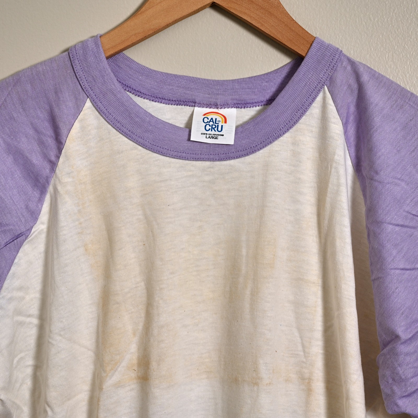 Vintage 80s Cal Cru Purple Sleeve Baseball T-Shirt Unisex L NOS
