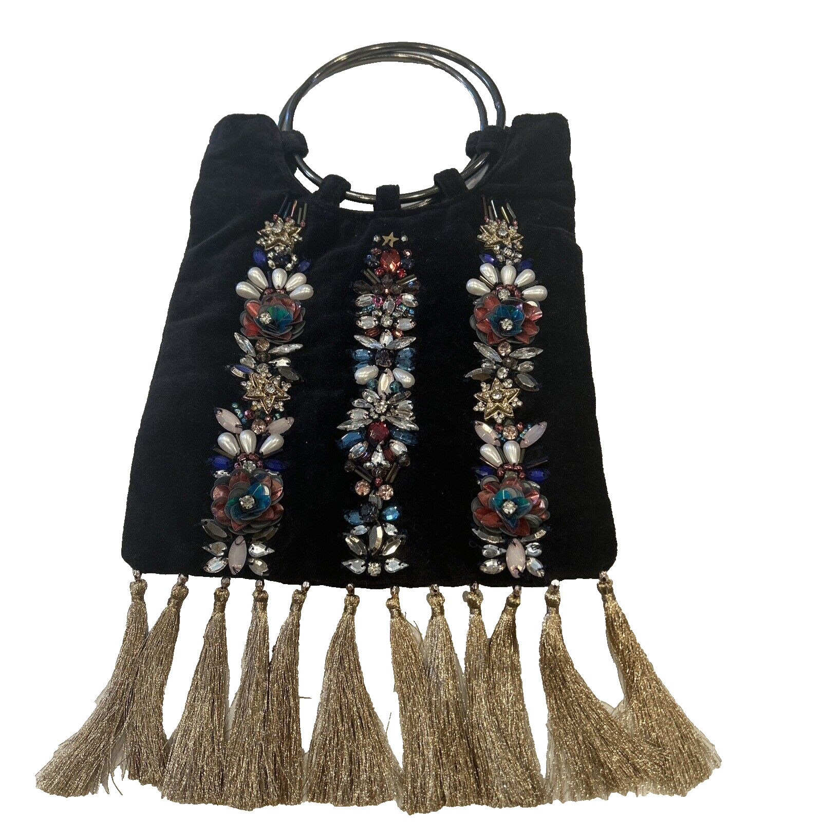 Accessorize Izabella Embellished Ring Handle Velvet Pouch Handbag Boho Bag Purse