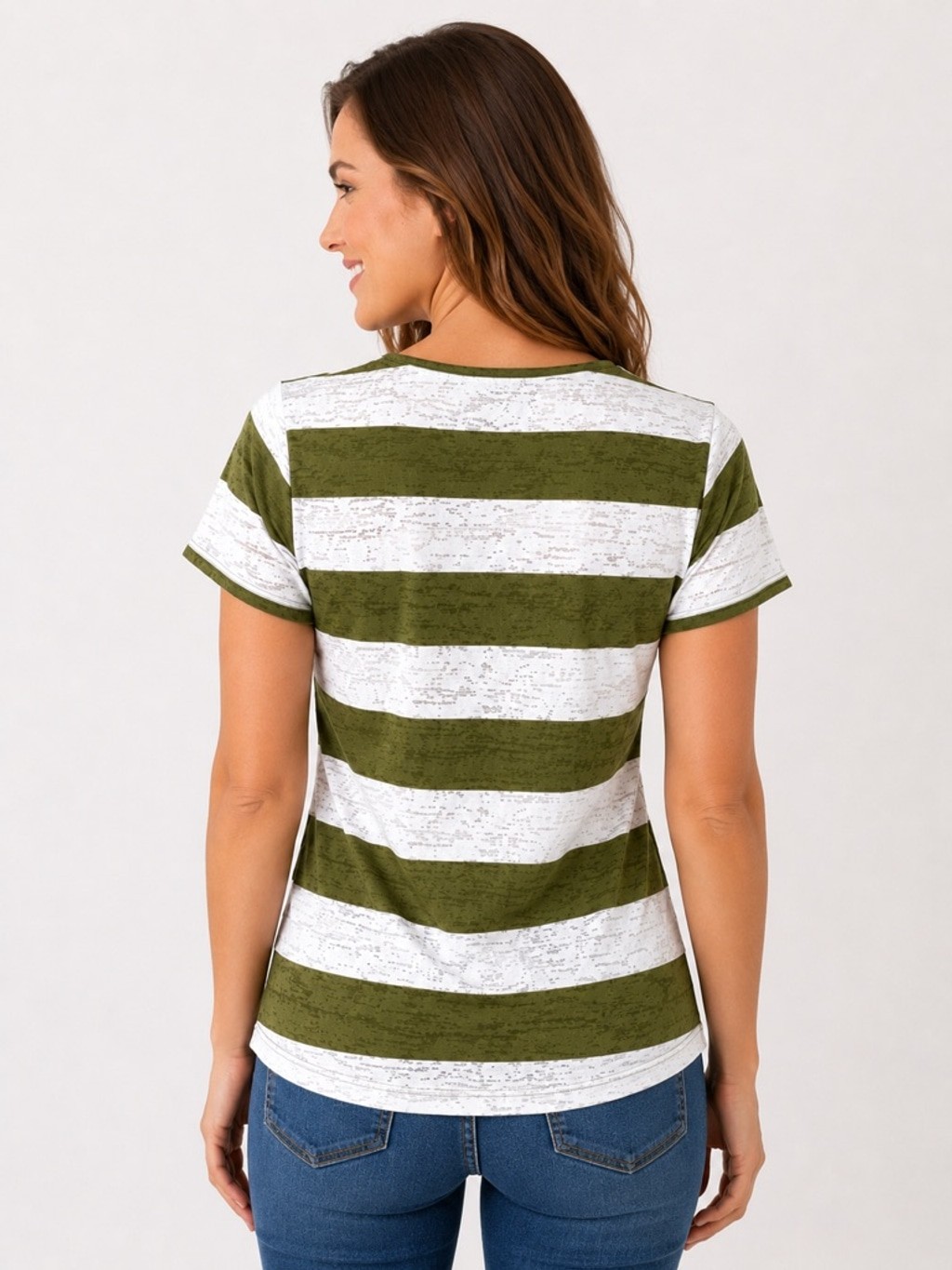 Cato Olive Green & White Striped Burnout V-Neck Tee – Size S