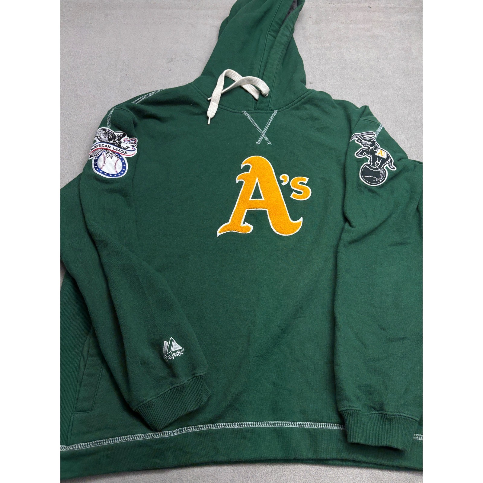 Majestic Oakland Athletics MLB Hoodie Green Chenille Logo Sleeve Patches XL