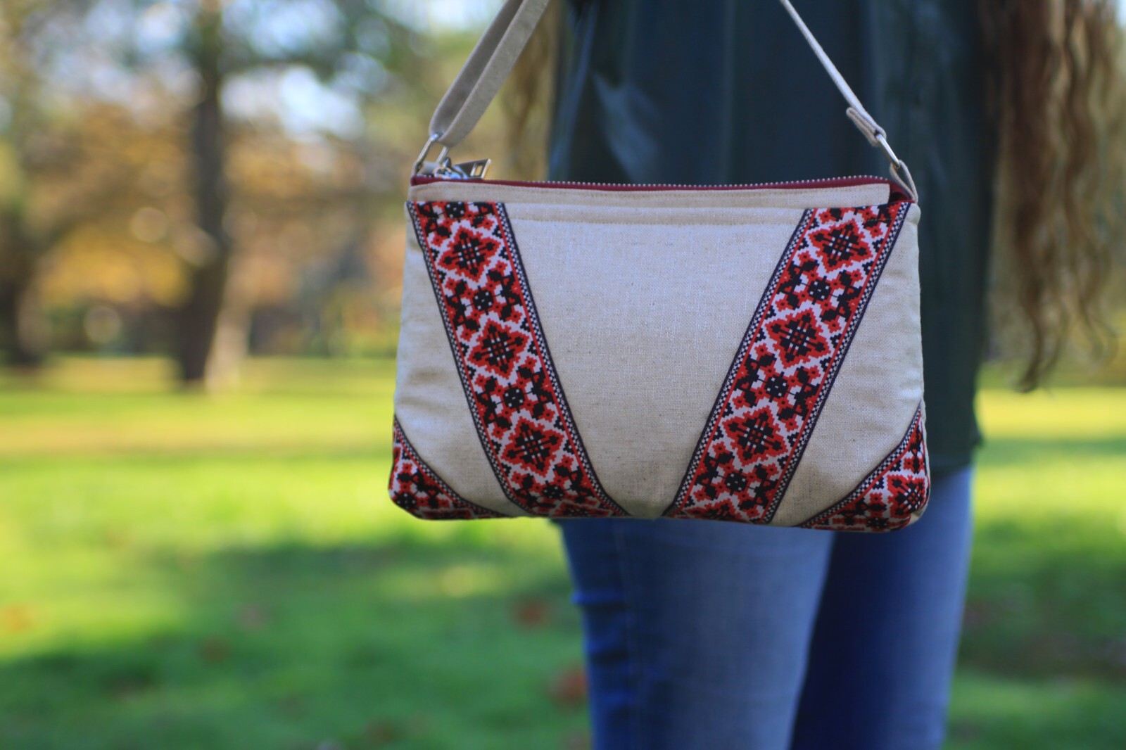 Handmade Beige Shiny Cotton Bag Adjustable Strap Red Accent Two Pockets.
