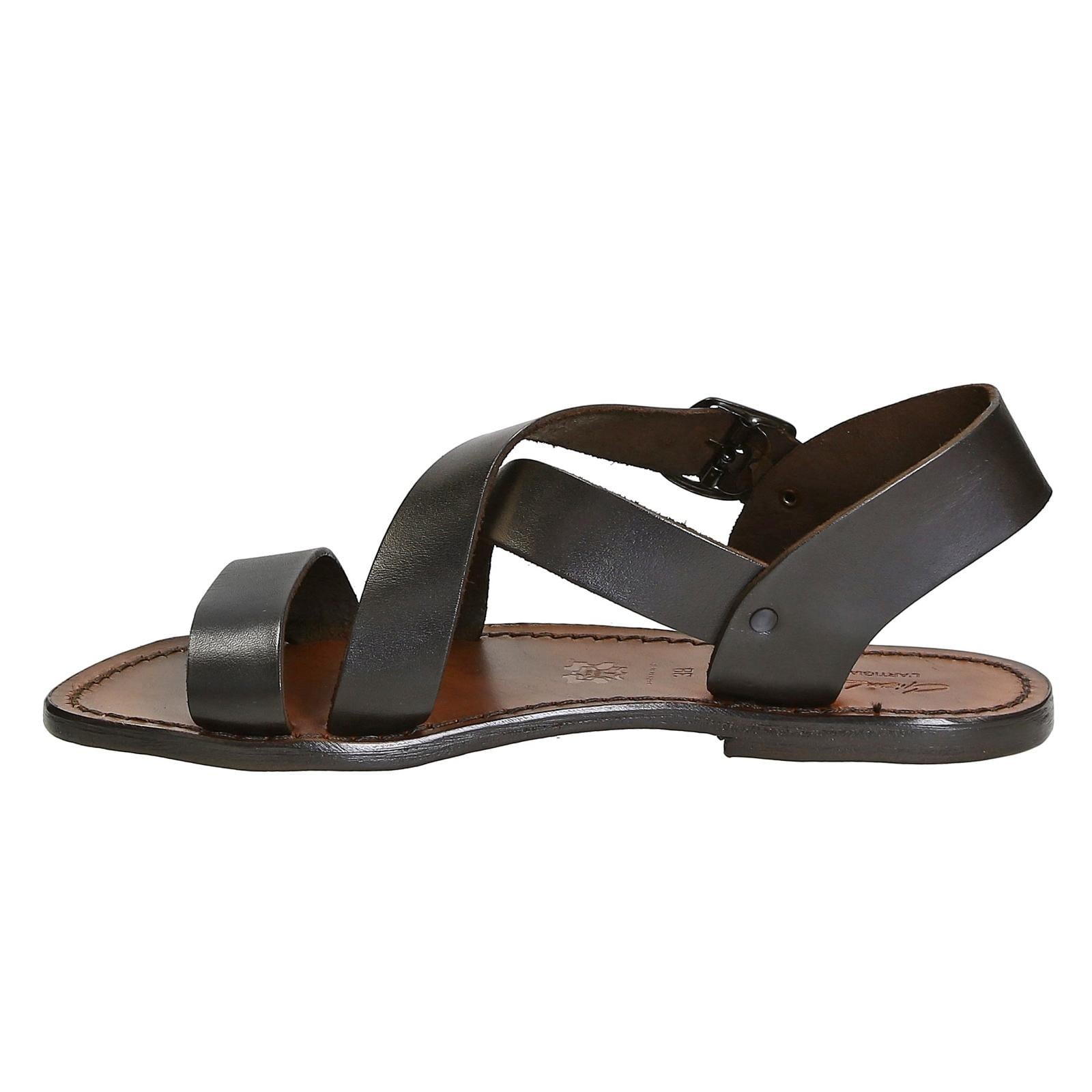 Dark brown leather flat ankle strap sandals shoes for women Handmade in Italy