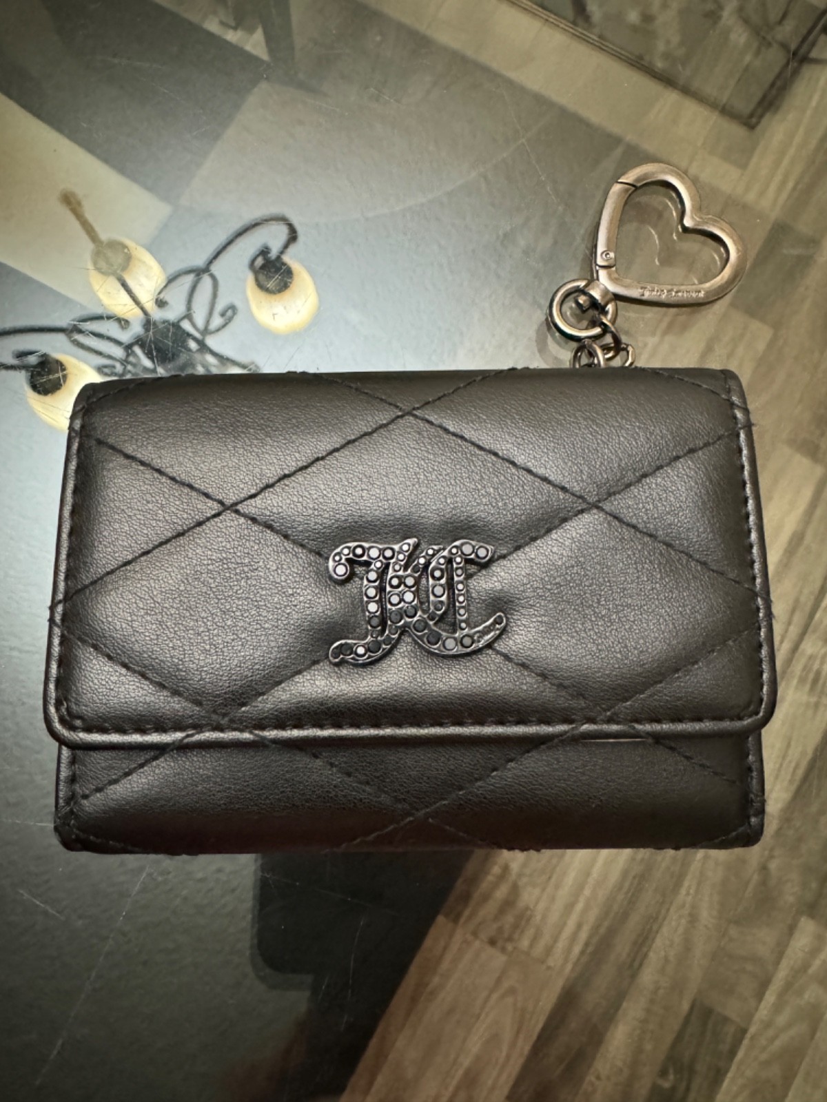 Juicy Couture Black Quilted Trifold Wallet JC Rhinestone Logo Heart Charm
