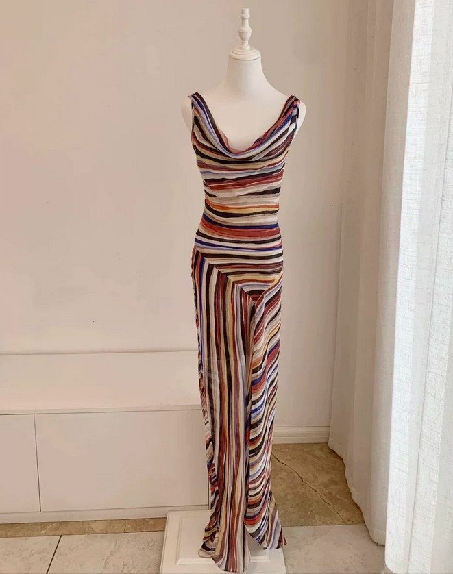 NEW 100% Mulberry Silk Striped Maxi Dress Women’s V Neck Asymmetrical Sundress