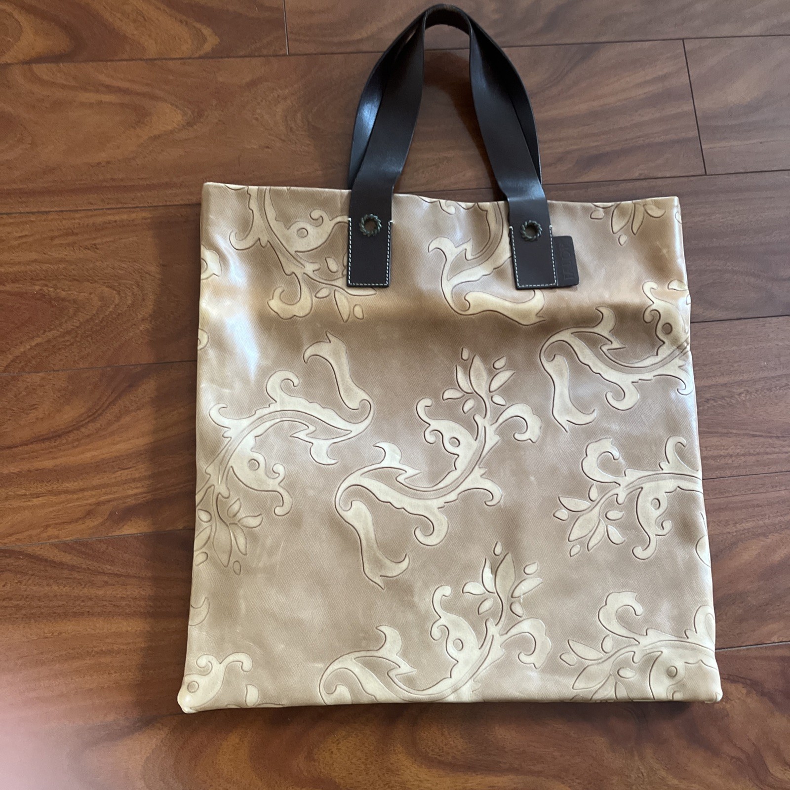 FALOR Italy Tote Bag, Tan Brown Leather Embossed Paisley Large Bag, 16″ x 16″