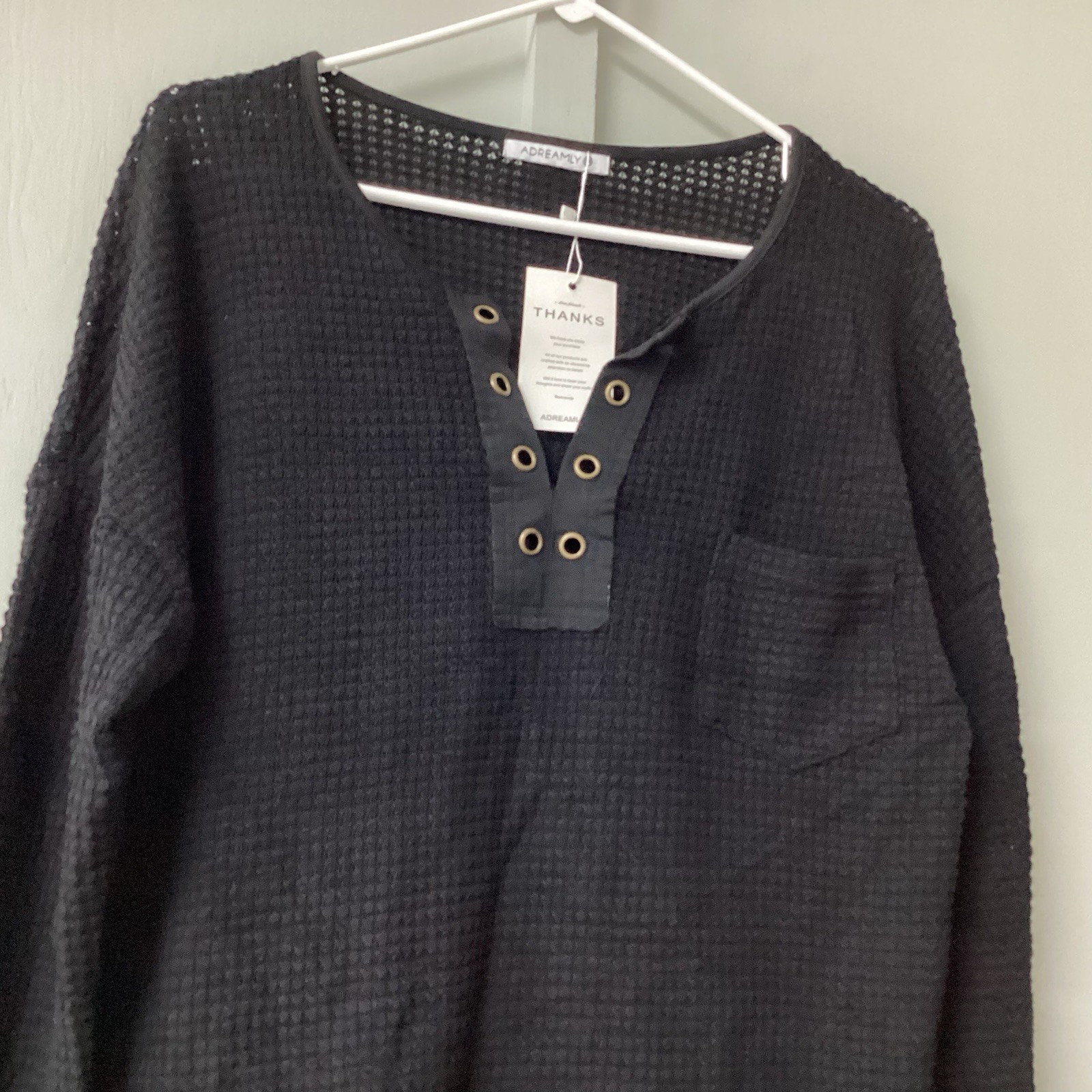 ADREAMLY Black Semi-Sheer Blouse Women’s Size Medium Waffles Studs Hole Knit New