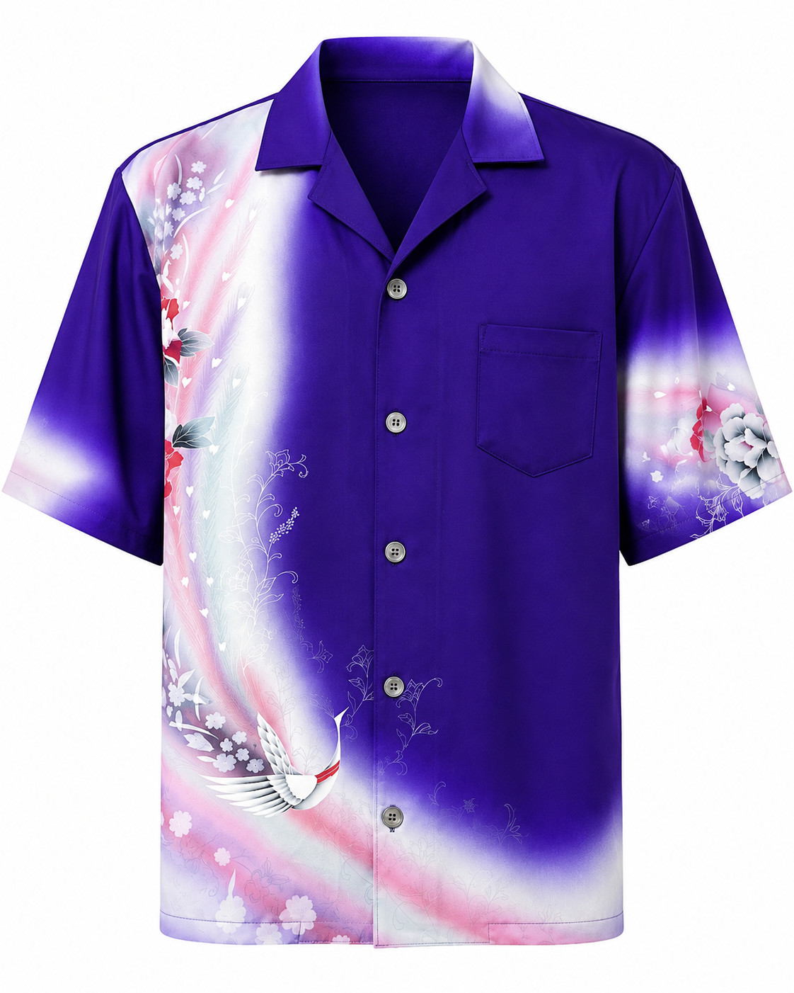 KIFU Kimono Aloha Shirt #001 – Purple Ombre Silk, Crane & Peony