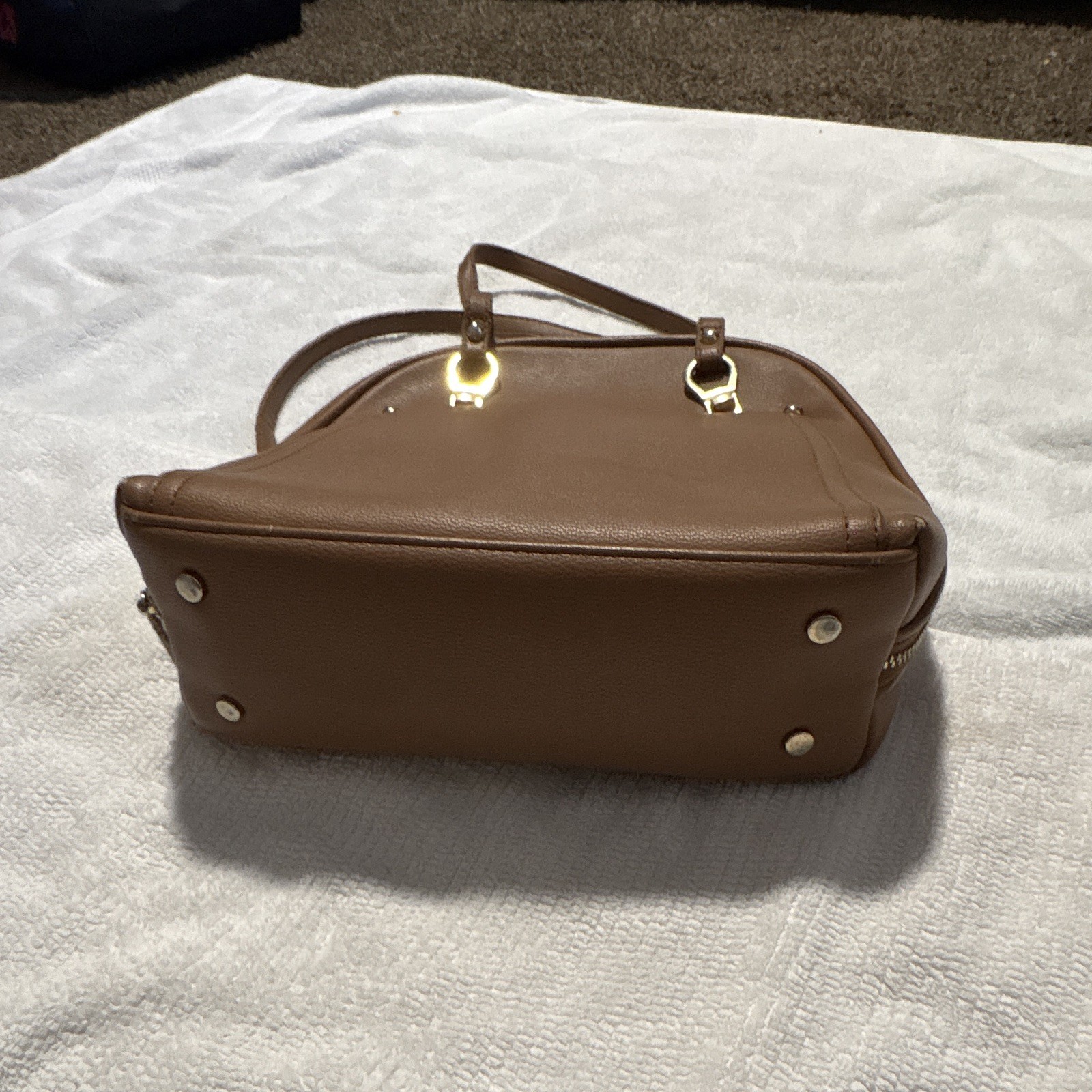 Mistique Brown Satchel Top Handle Bag Zip Closure Inner Pockets Gold Hardware