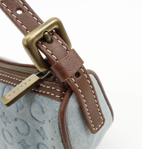 CELINE C Macadam Suede Leather Pochette Shoulder Bag (RARE Light Blue) Vintage