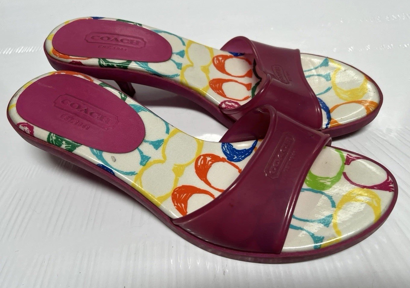 VTG Y2K Coach SCRIBBLE Signature Jelly Pink Kitten Heel Slip On Sandals Size 8