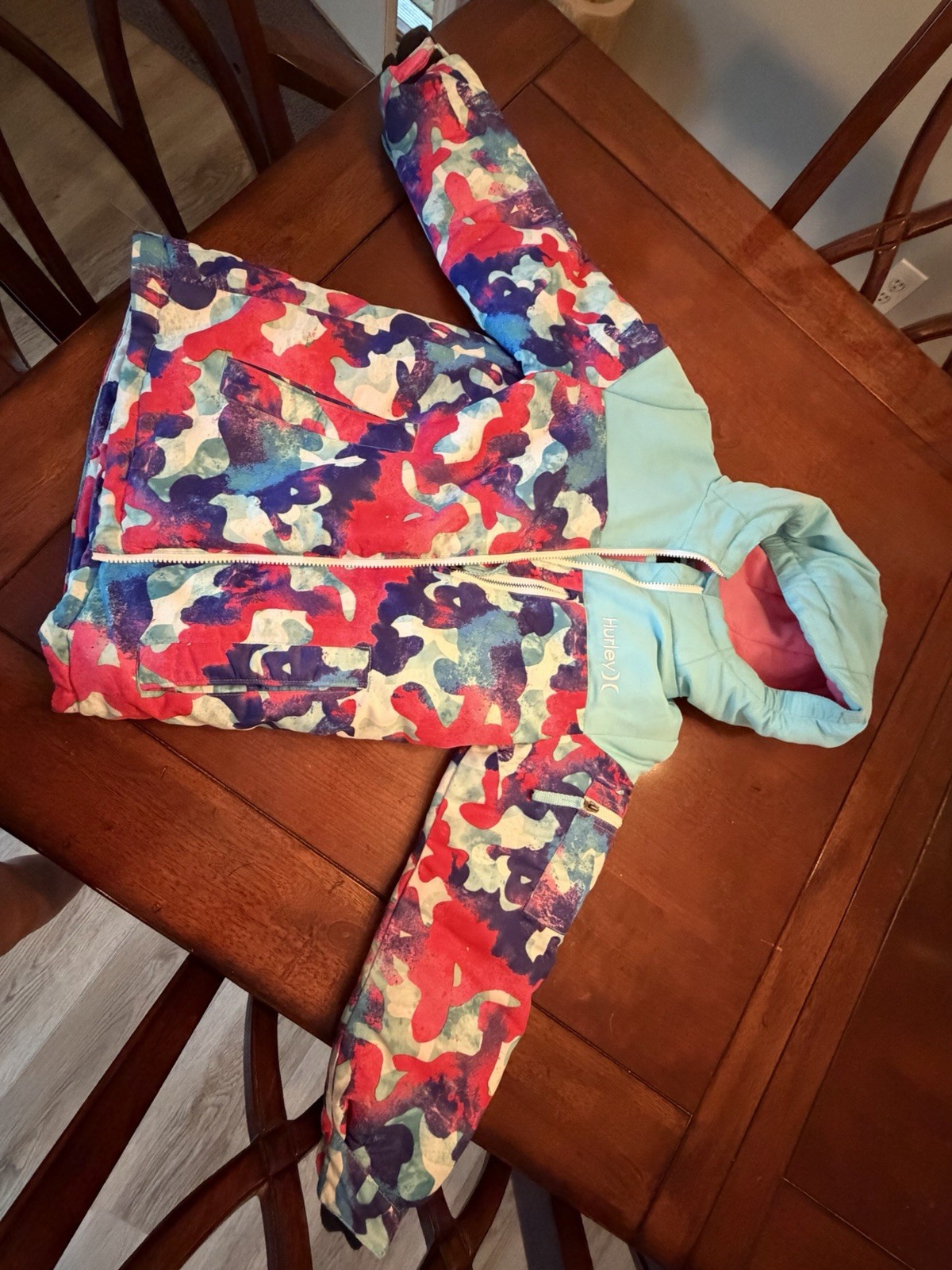 Hurley Kids Hooded Ski Jacket Multicolor Camo Zip Lined Insulated M 10/12