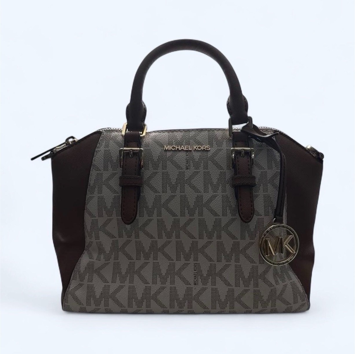 Michael Kors Monogram Satchel/Top Handle Zip Bag, Gold Hardware, Strap, Charm