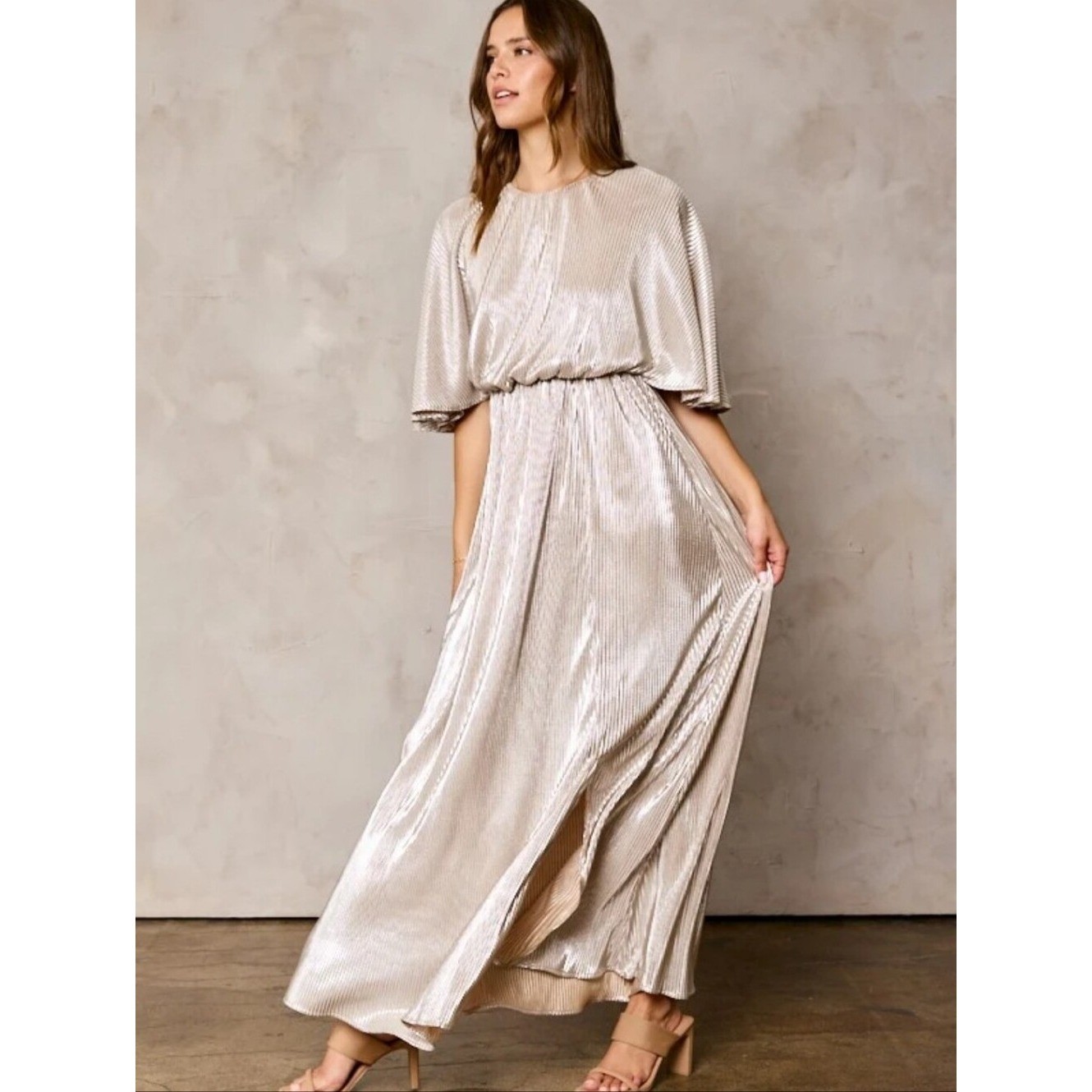 Celadon Cape Metallic Champaigne Pleated Maxi Dress with Front Slit