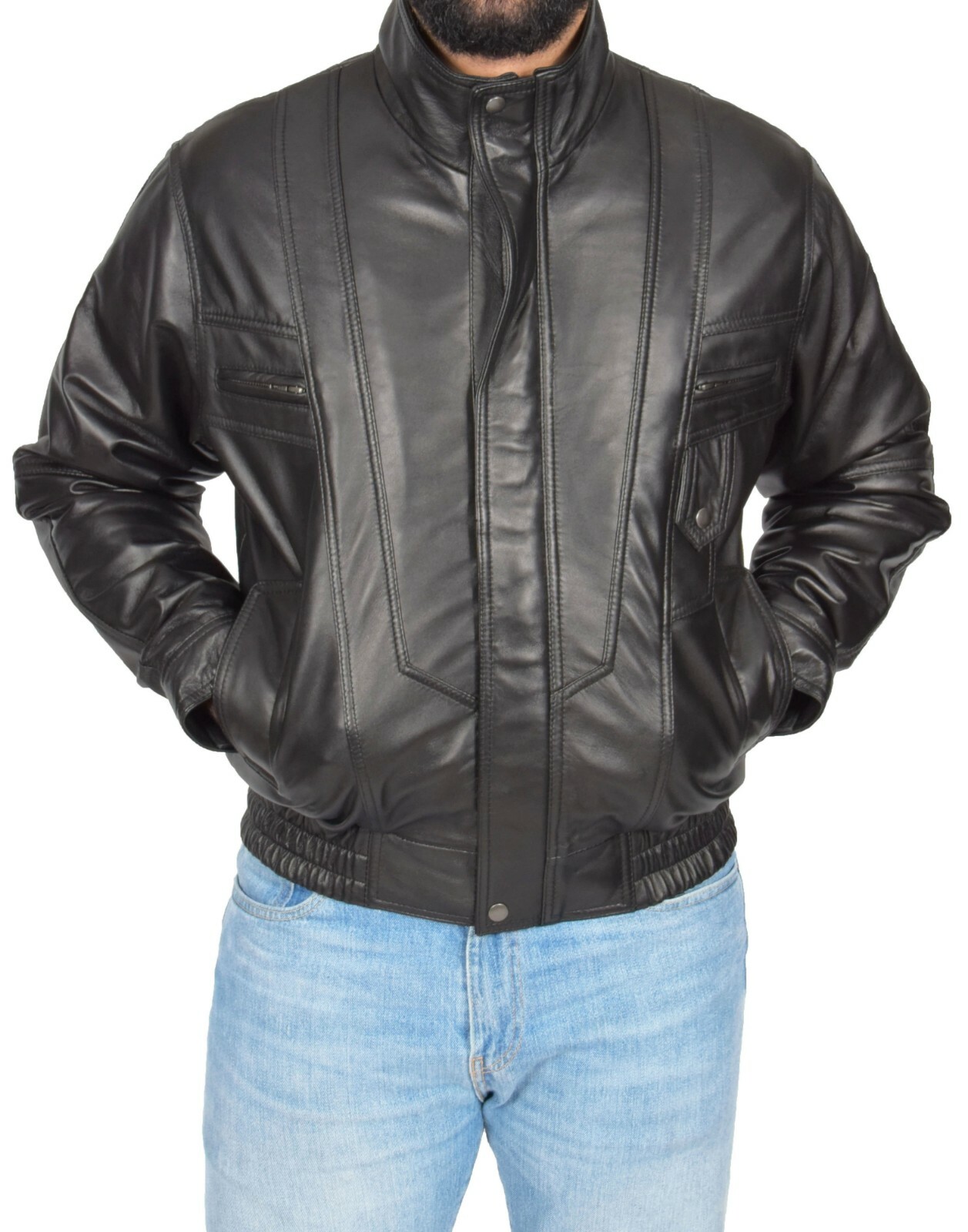 Gentlemens Bomber Soft Black Leather Jacket Classic Blouson Comfort Fit Coat NEW