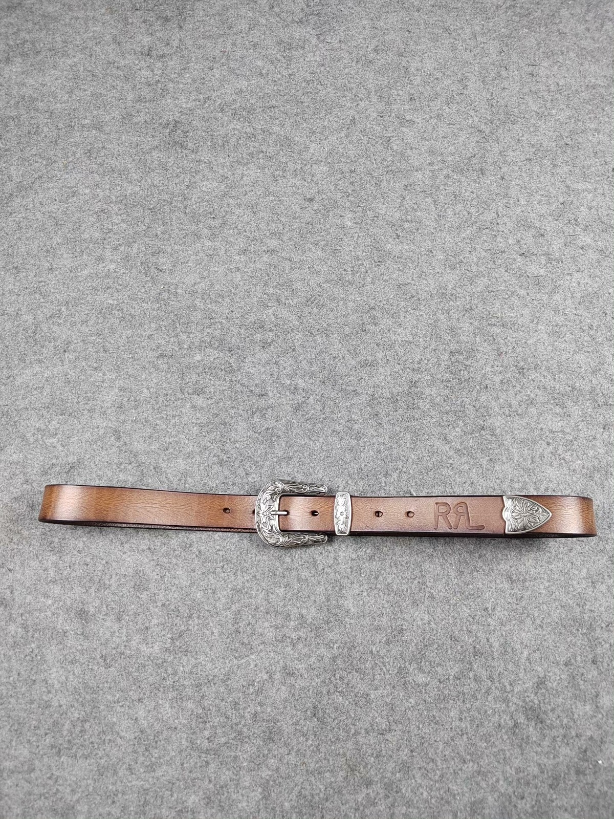 RRL Double RL Western Engraved Buckle Brown Leather Belt with RR Logo Size 32