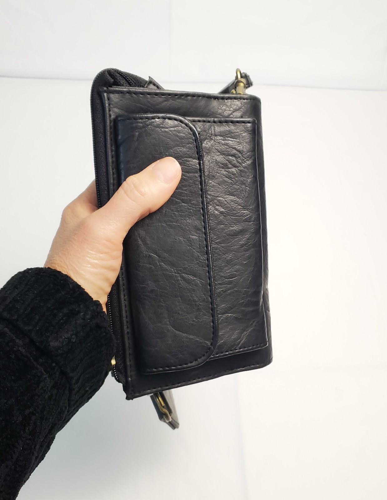 SIMPLY BASIC Black Faux Leather/Nylon Trifold Checkbook CLUTCH Wallet NEW