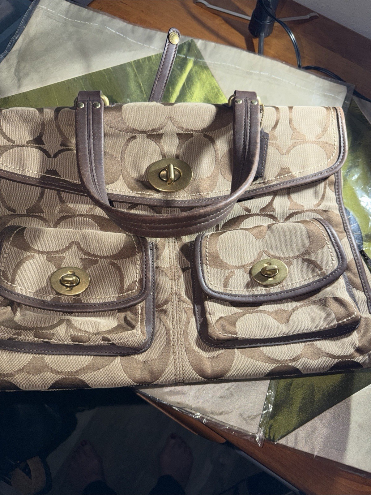 Coach Women’s Brown/Beige Logo Satchel Top Handle Turn Lock Zip Gold Bag Charm