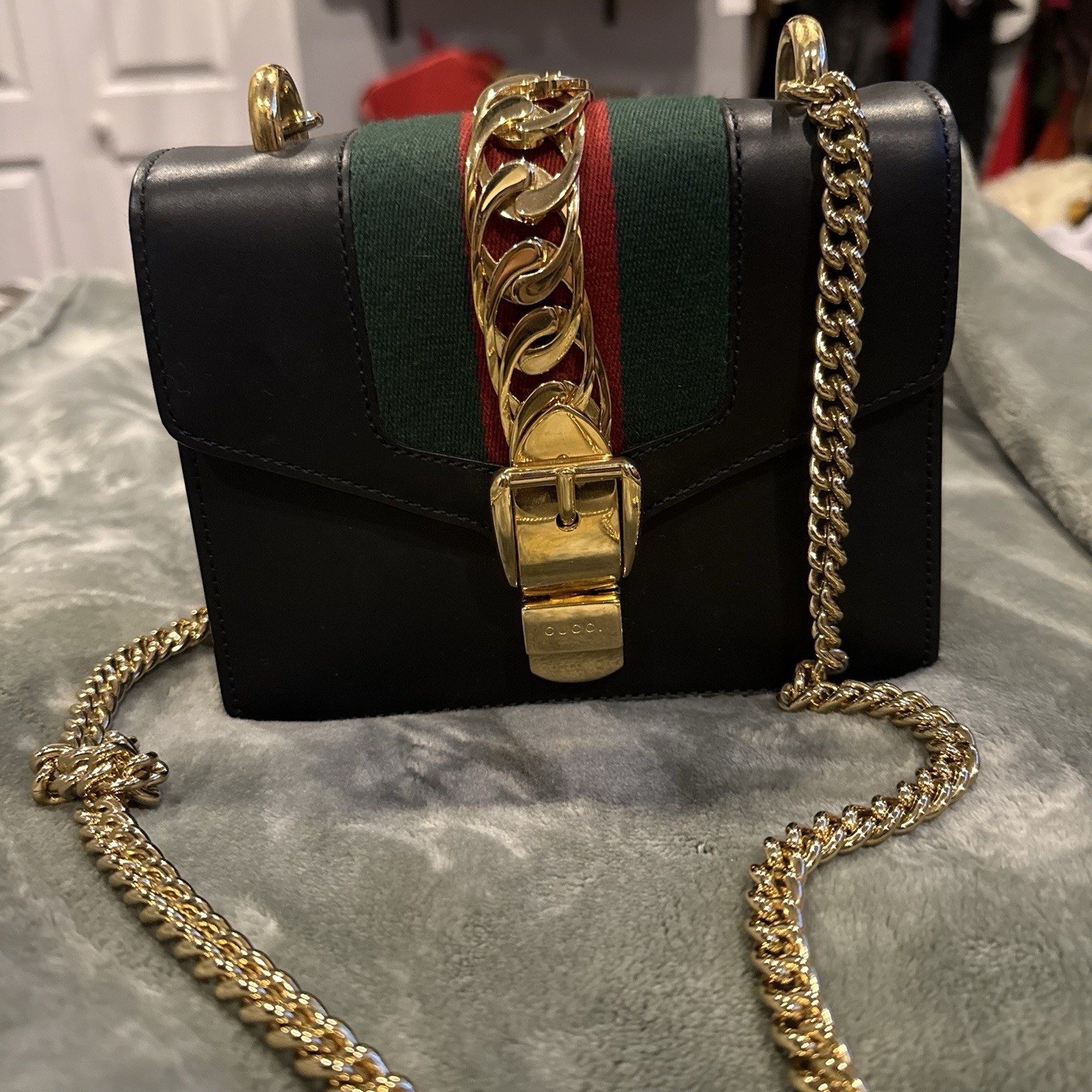Gucci Sylvie Small Black Leather Web Stripe Gold Chain Shoulder Bag 421882