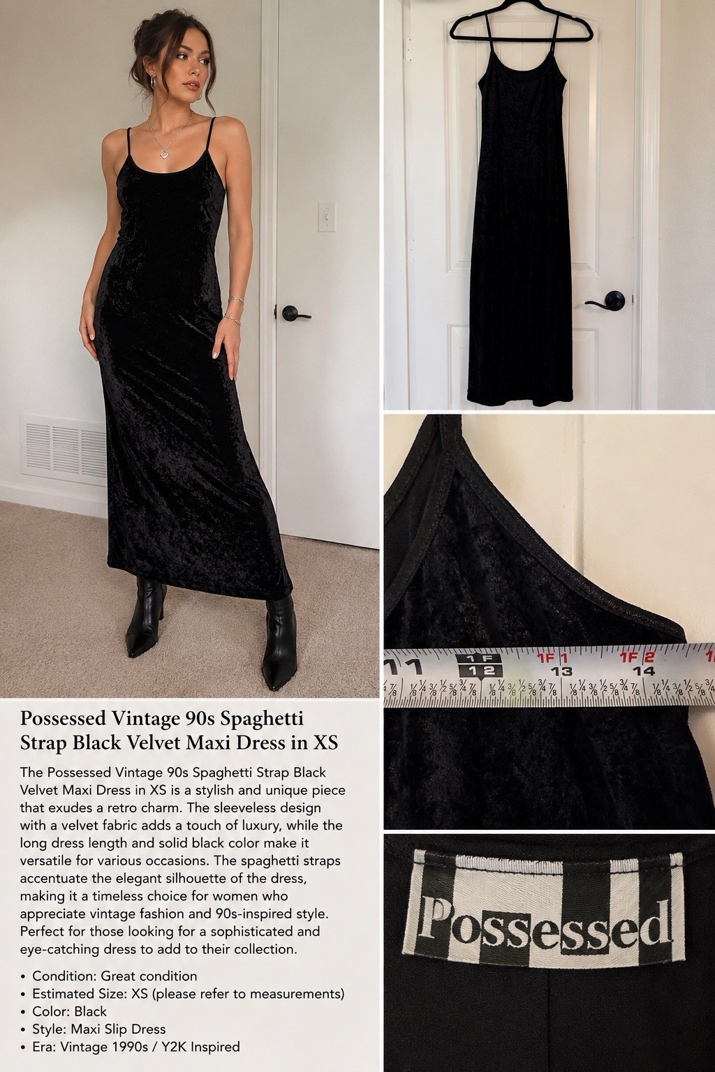 Possessed True Vintage 90s Spaghetti Strap Black Velvet Maxi Dress XS