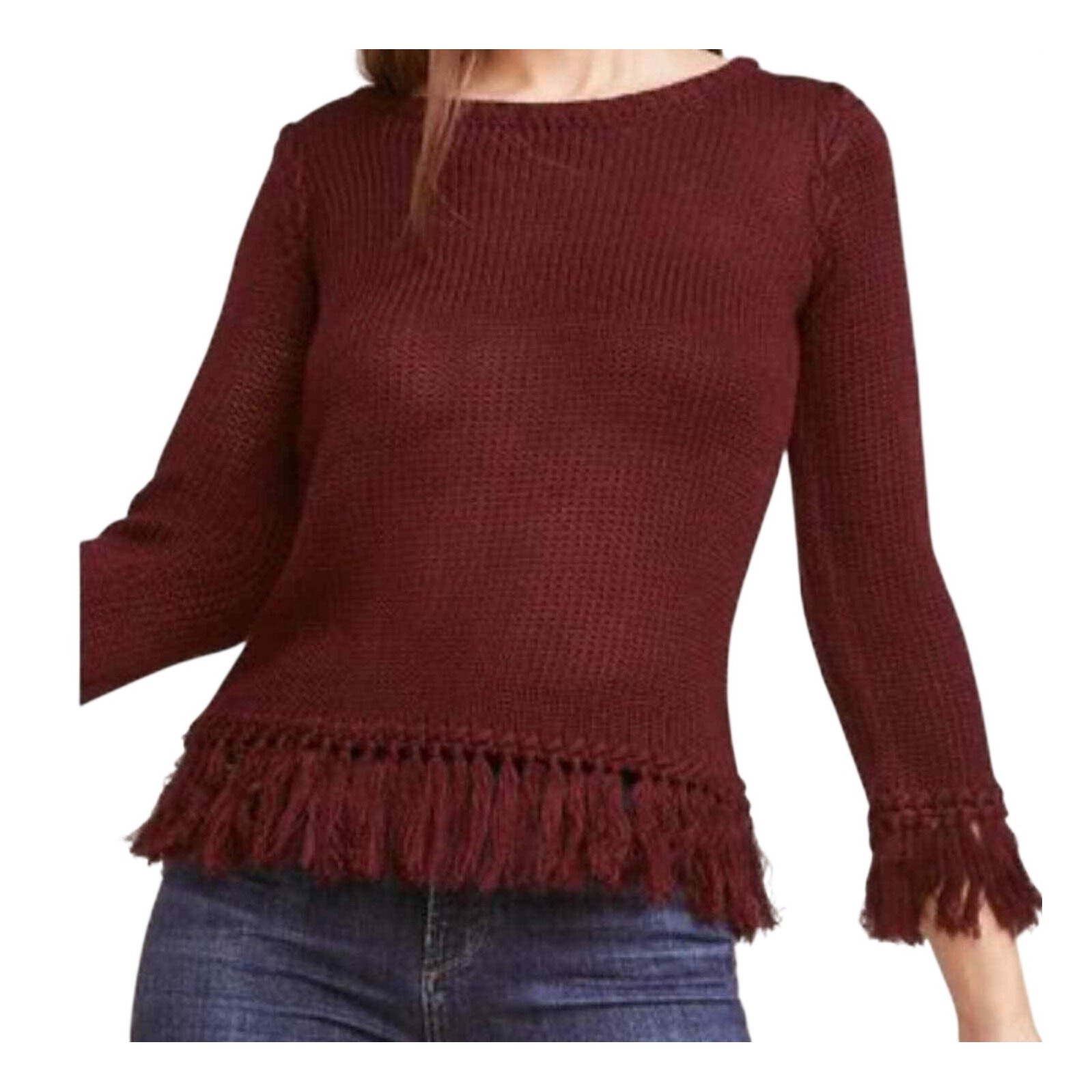 nwt BB Dakota Young Wild & Free Sweater size XS Braid Fringe Hem in Burgundy Red