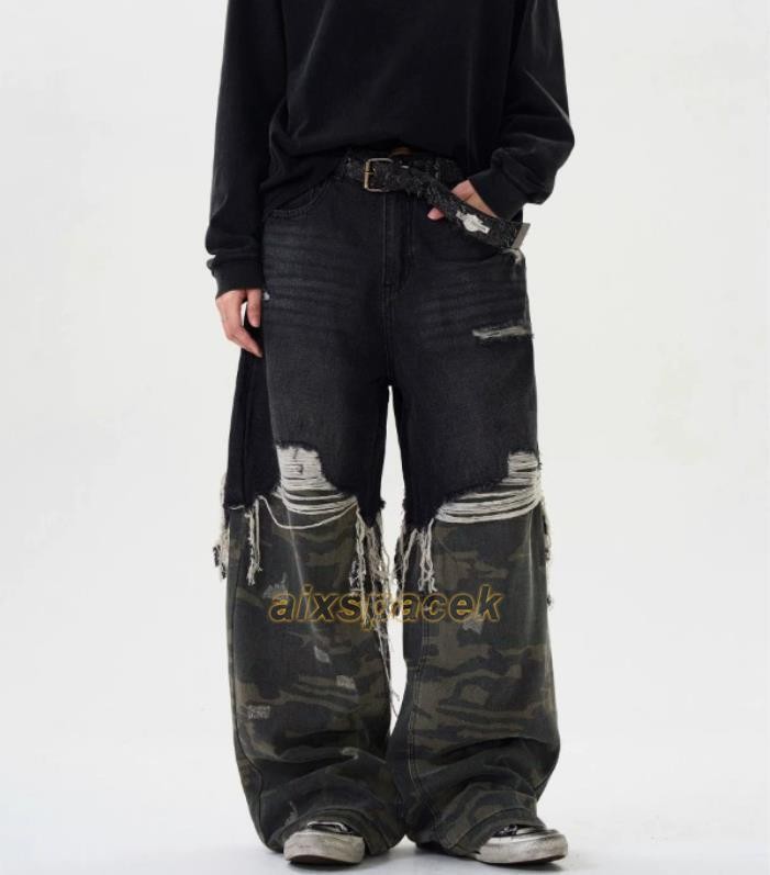 Men Black Camouflage Mixed Denim Jeans Straight Leg Casual Punk Hip Hop Trousers