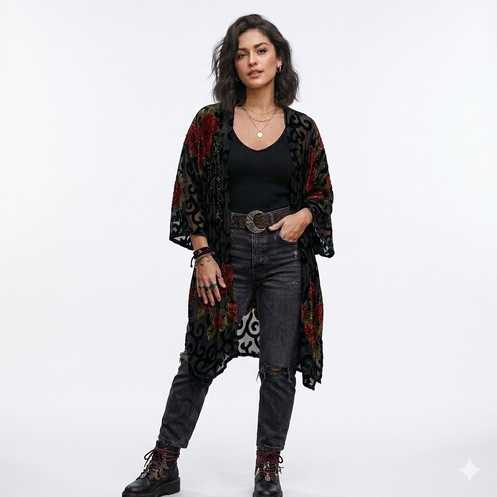 Do Everything In Love Kimono Women OS Black Red Rose Burnout Velvet Floral Sheer