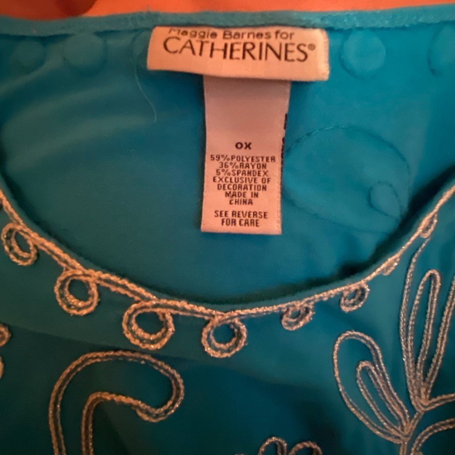 Maggie Barnes For Catherines Tunic Teal With Rope Embroidery Accents Size 0X