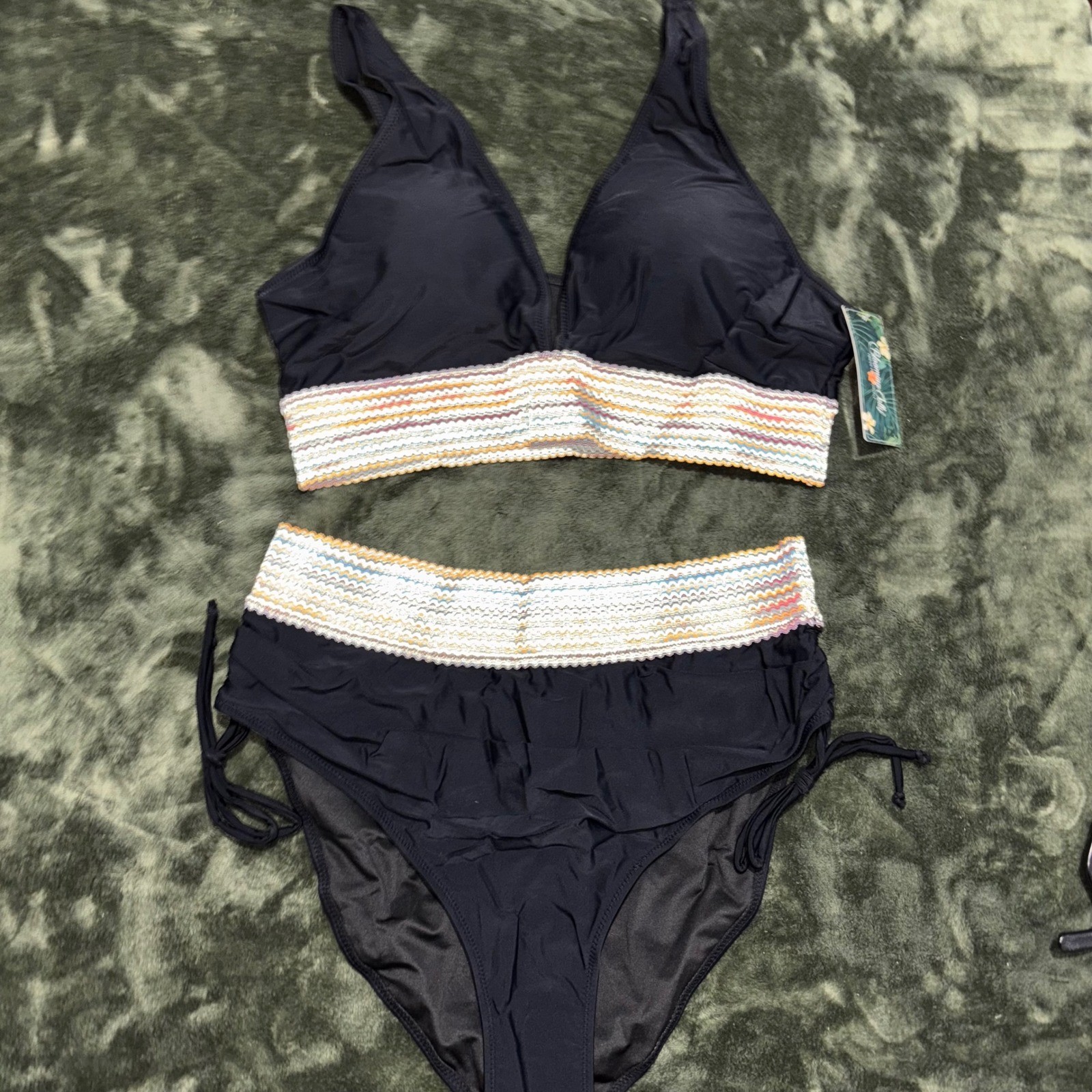 Blooming Jelly Black Bikini Set Large High Waist Zigzag Band Two Piece NWT