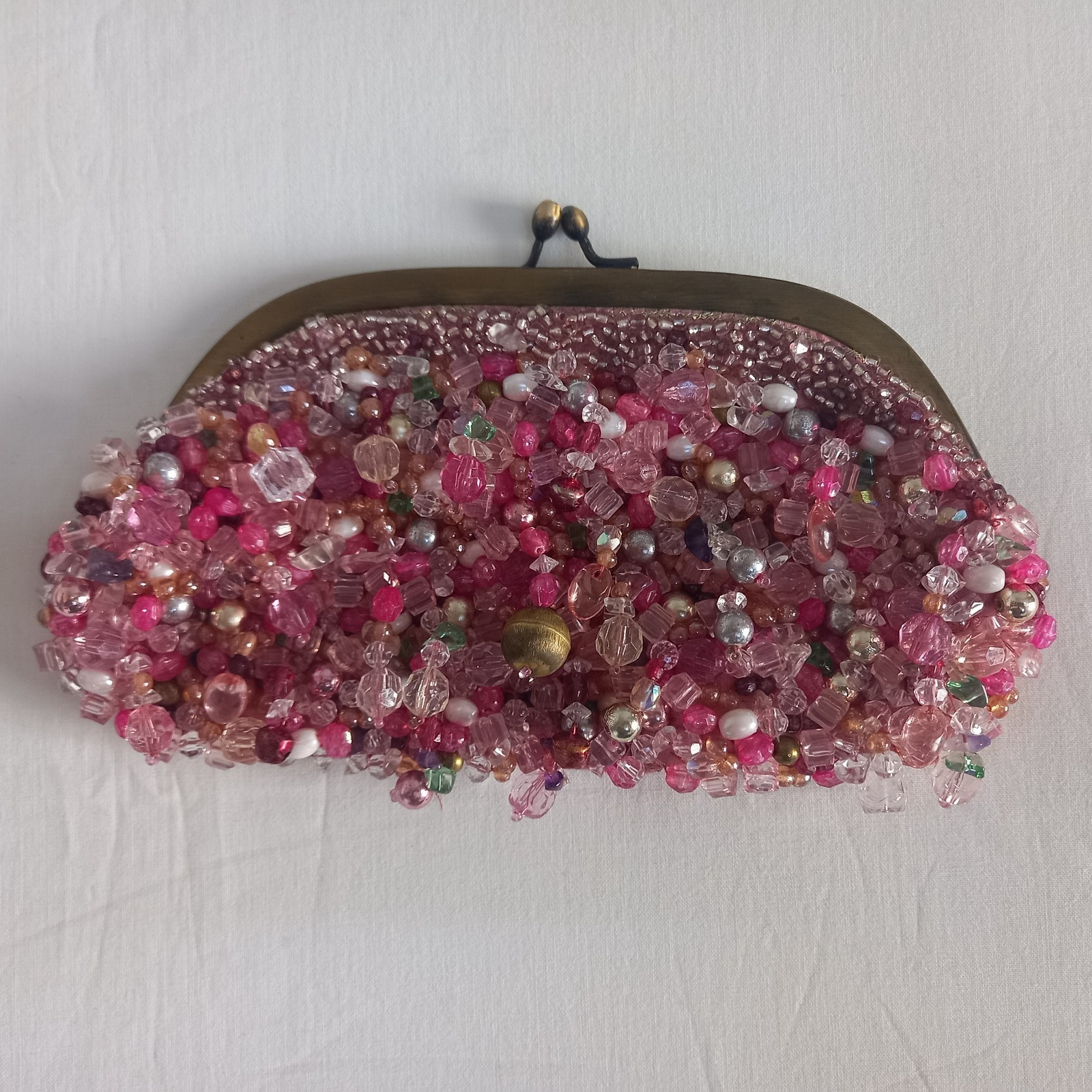 Vintage Accessorize Pink Beaded Clutch Bag Crystal Evening Purse Y2K
