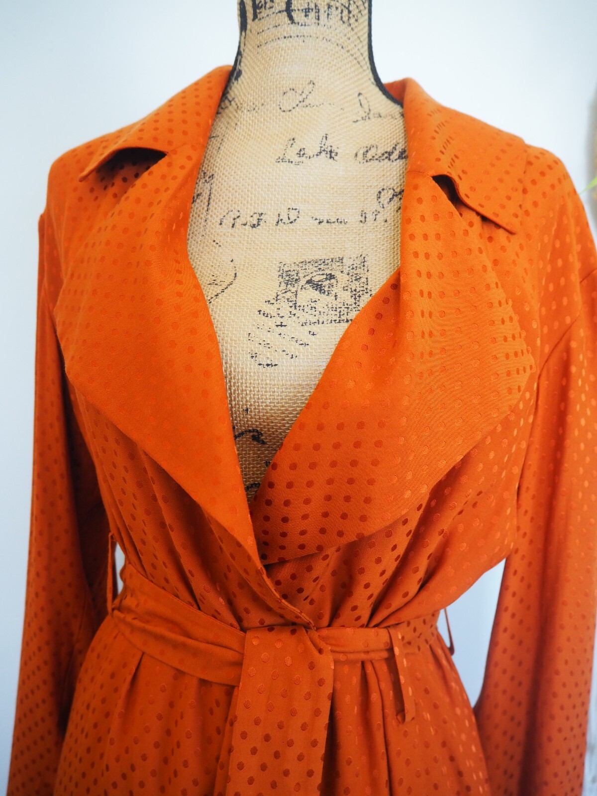 Brown Terracotta Rust Polka Dot Contrast Belted Rayon Trench Coat Size Small
