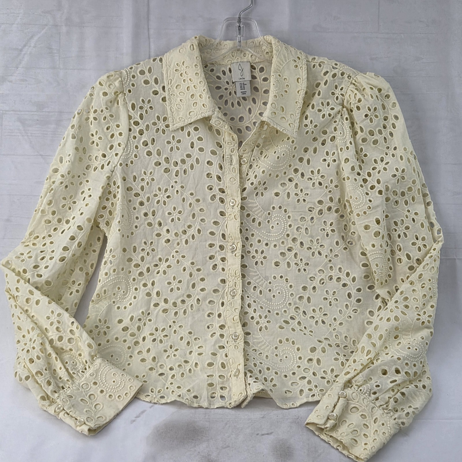 Joie Blouse Womens Medium Ivory Eyelet Lace Button Front Long Sleeve Collared