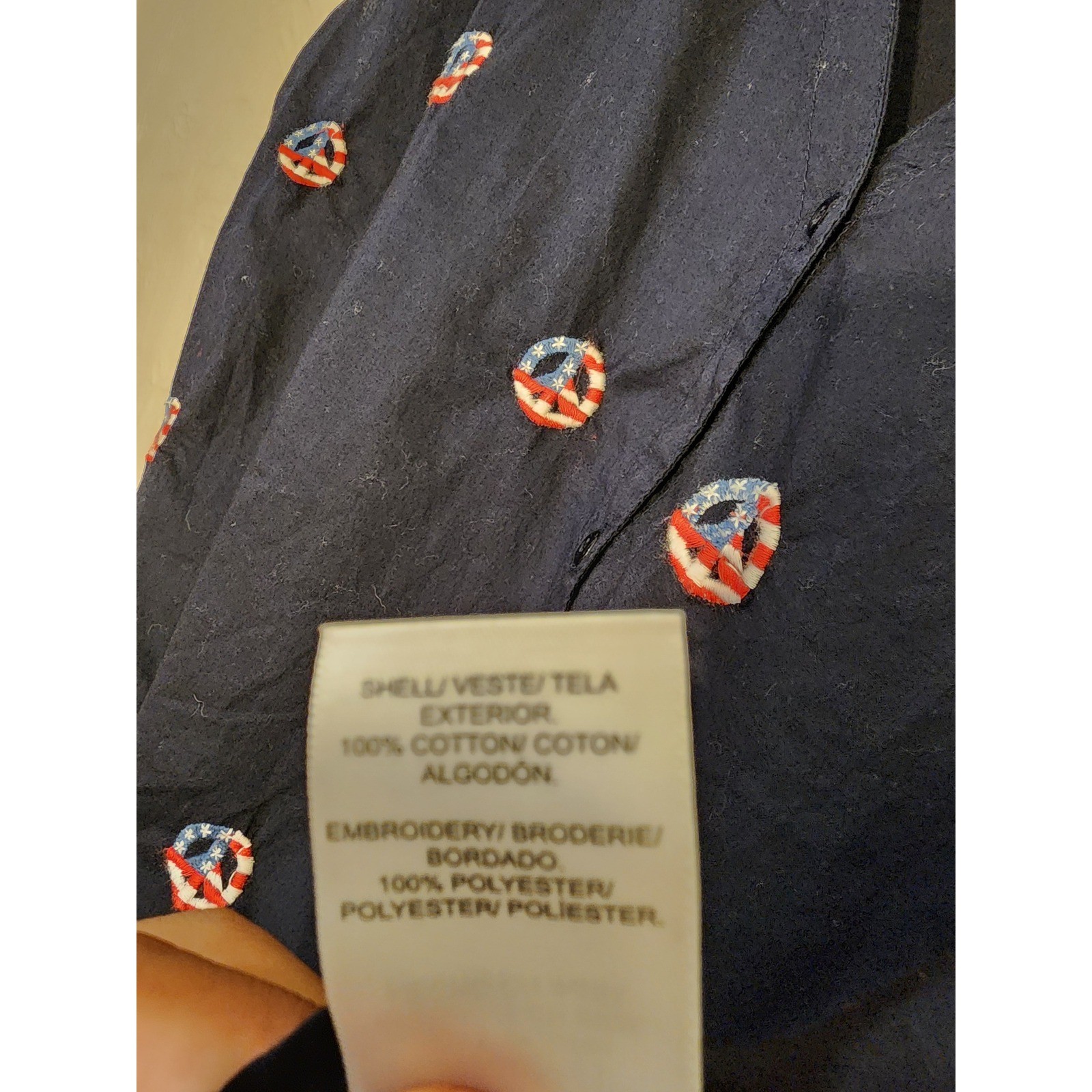 Lucky Brand Tie Front Top Womens Medium Navy NWOT Peace Sign Embroidered V-Neck