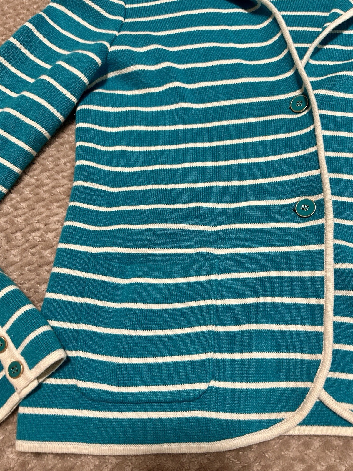 Talbots Sweater Blazer Women Medium Teal White Striped 2 Button Cardigan Jacket