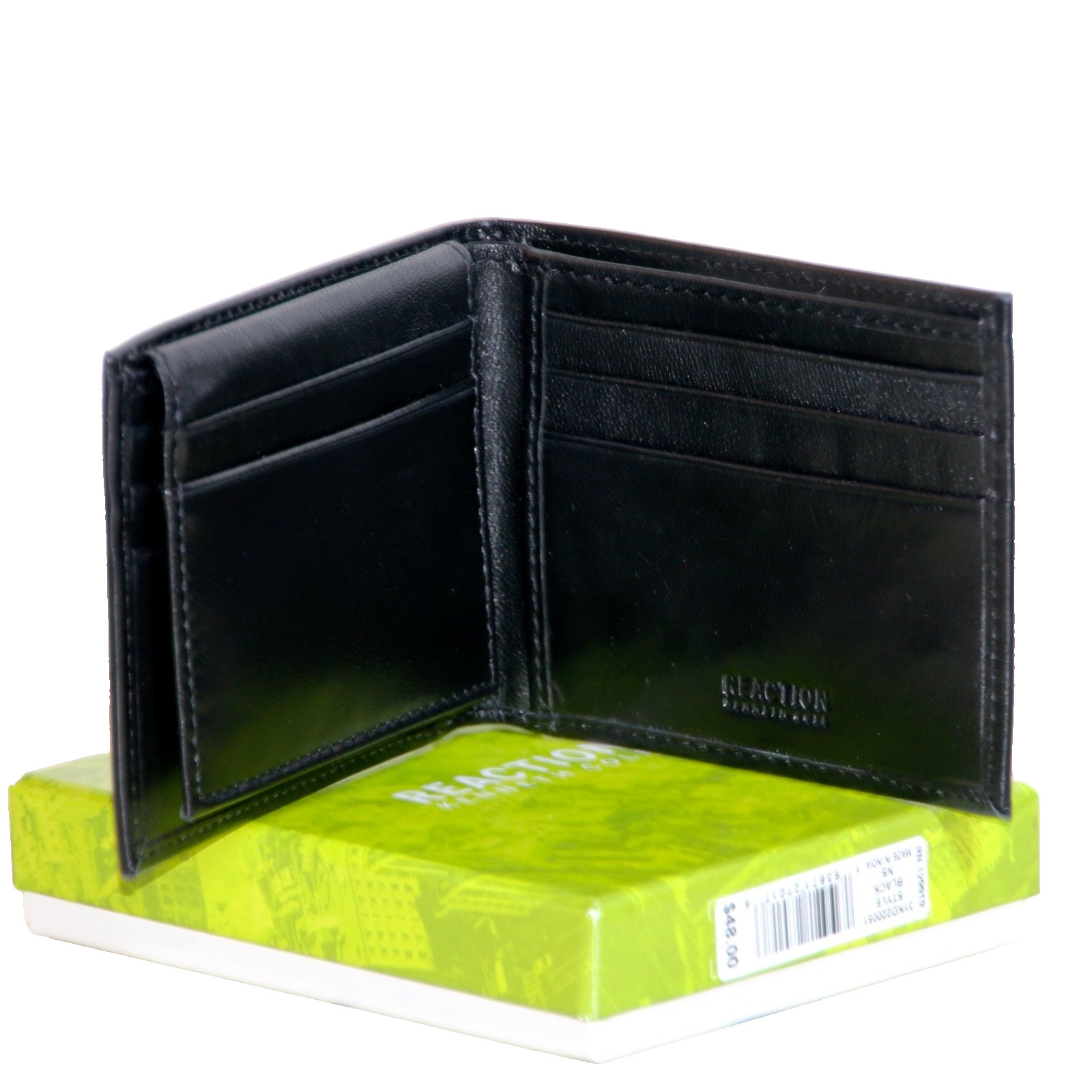 New Men’s Kenneth Cole Reaction Leather Bifold Wallet w/ID + 8 Card Slots, Black