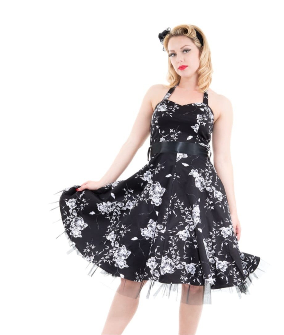 New Hearts & Roses Black & White Halter 50s Style Rockabilly Dress 10