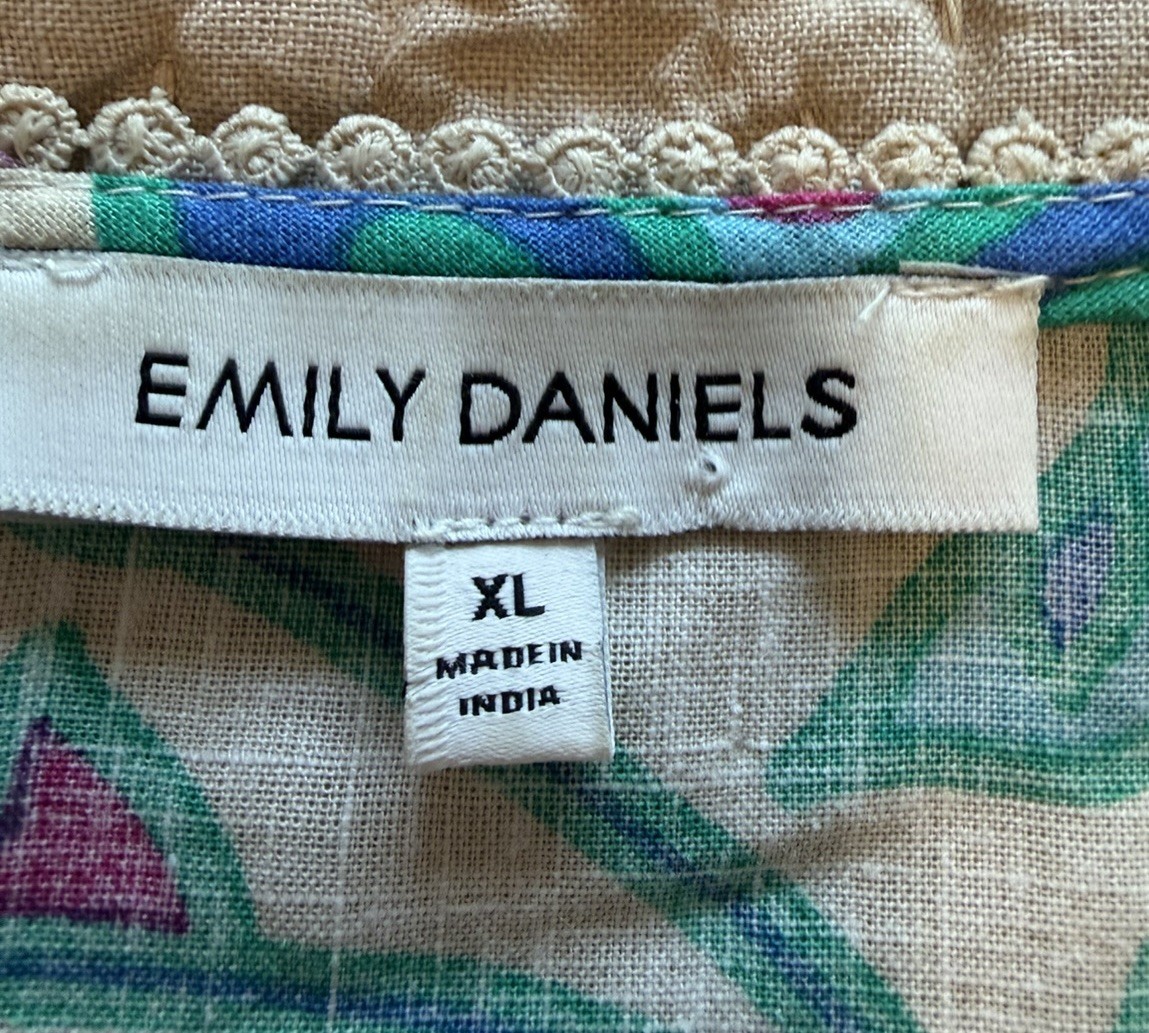 Emily Daniels XL Linen Blend Floral V Neck Blouse Boho Blue Green Pink Top