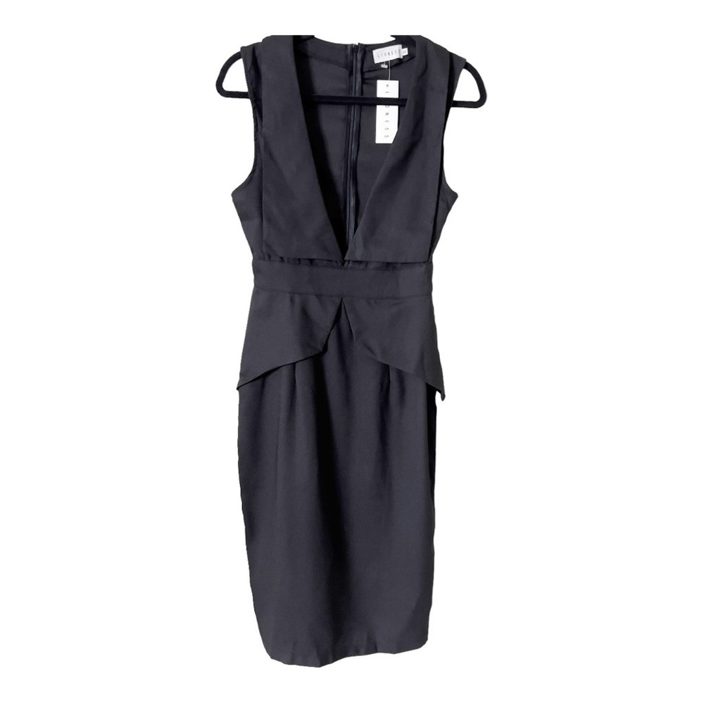 Lioness Women’s Sleeveless Plunge Collared Neckline Black Straight Pencil Dress