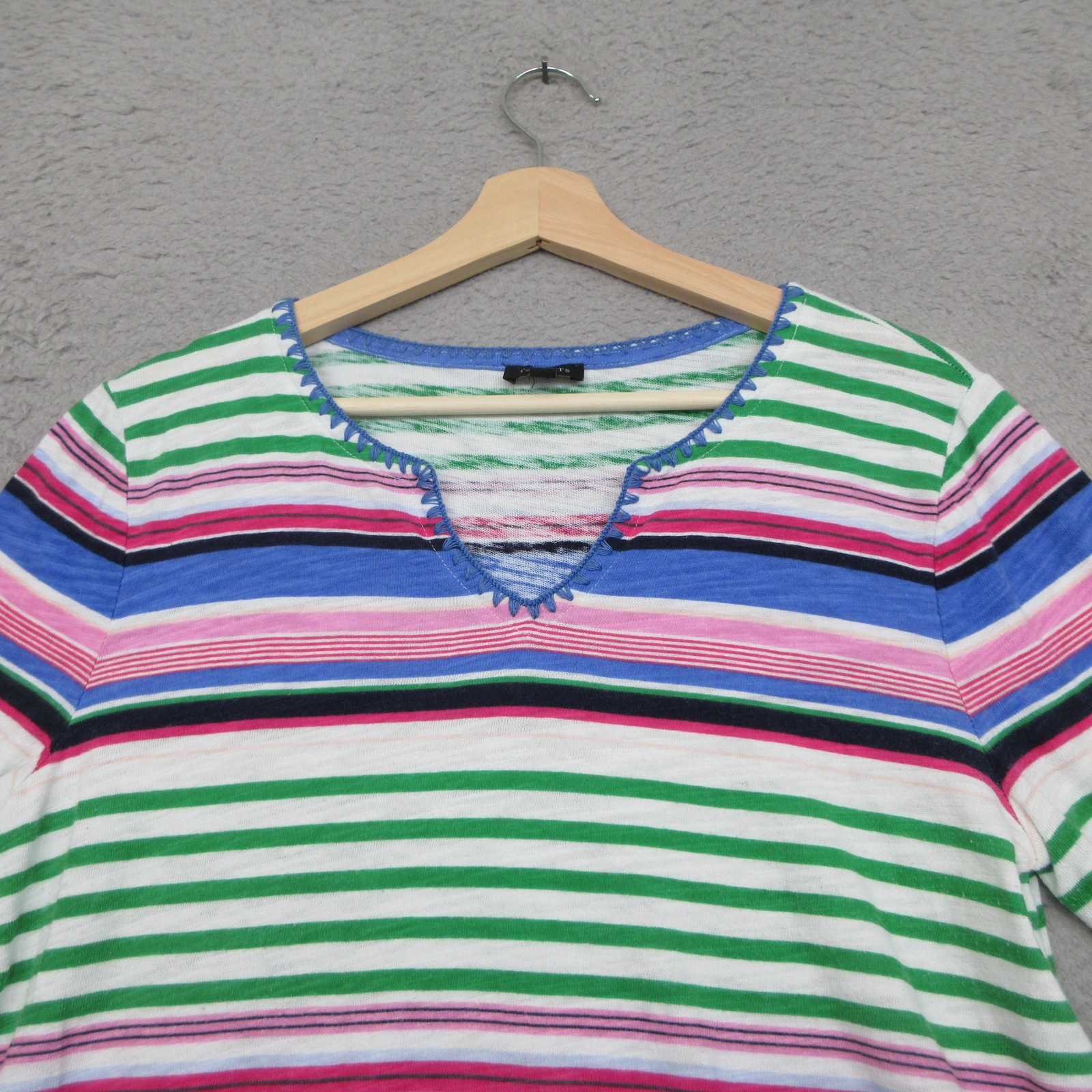 Talbots Linen Blend Tunic Top Women M Blue Green Striped Coastal Nautical Resort