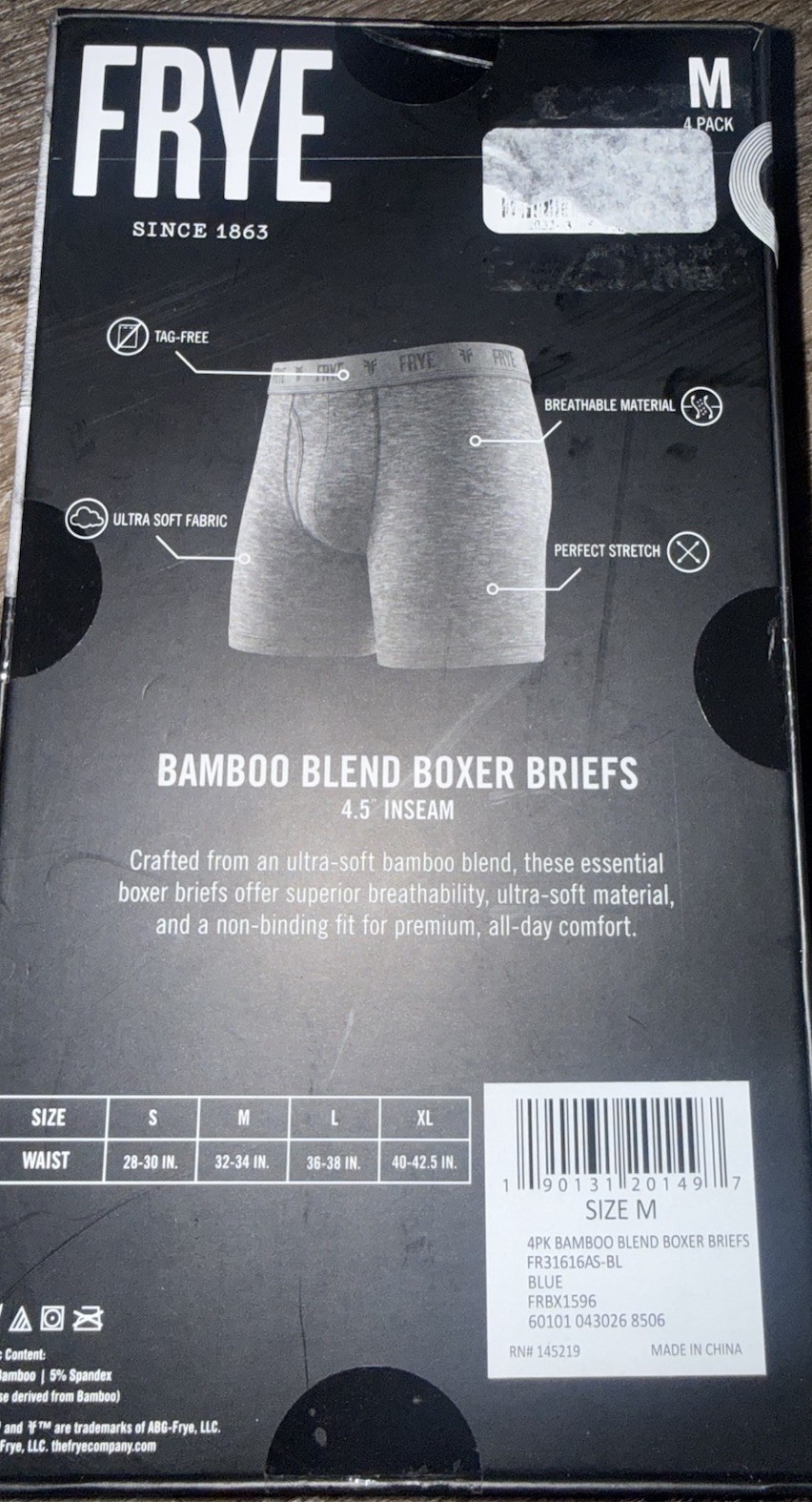 FRYE ~ 4-Pair Mens Boxer Brief Bamboo Blend Stretch Multicolor ~ M (32-34)