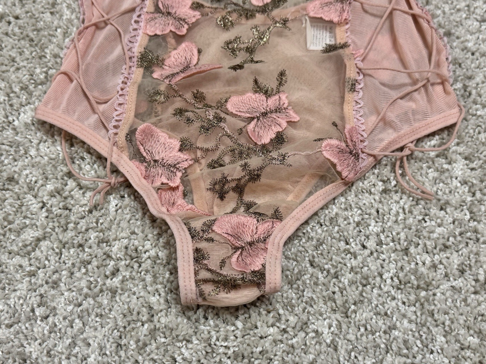 Sexy Butterfly Embroidered Mesh Lace-Up Teddy Bodysuit Pink Floral Size Small