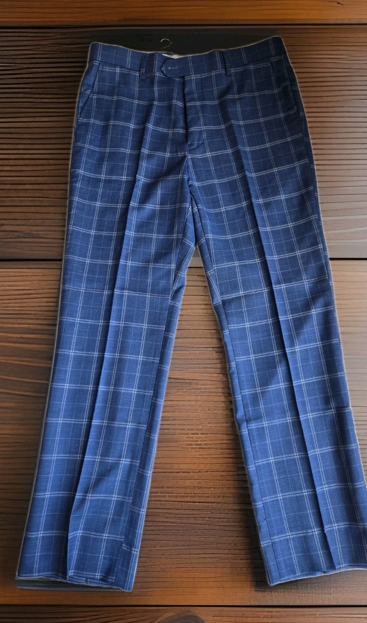 Lineage Performance Stretch Fabric Blue Windowpane 2pc Suit Mens 50R Pants W44
