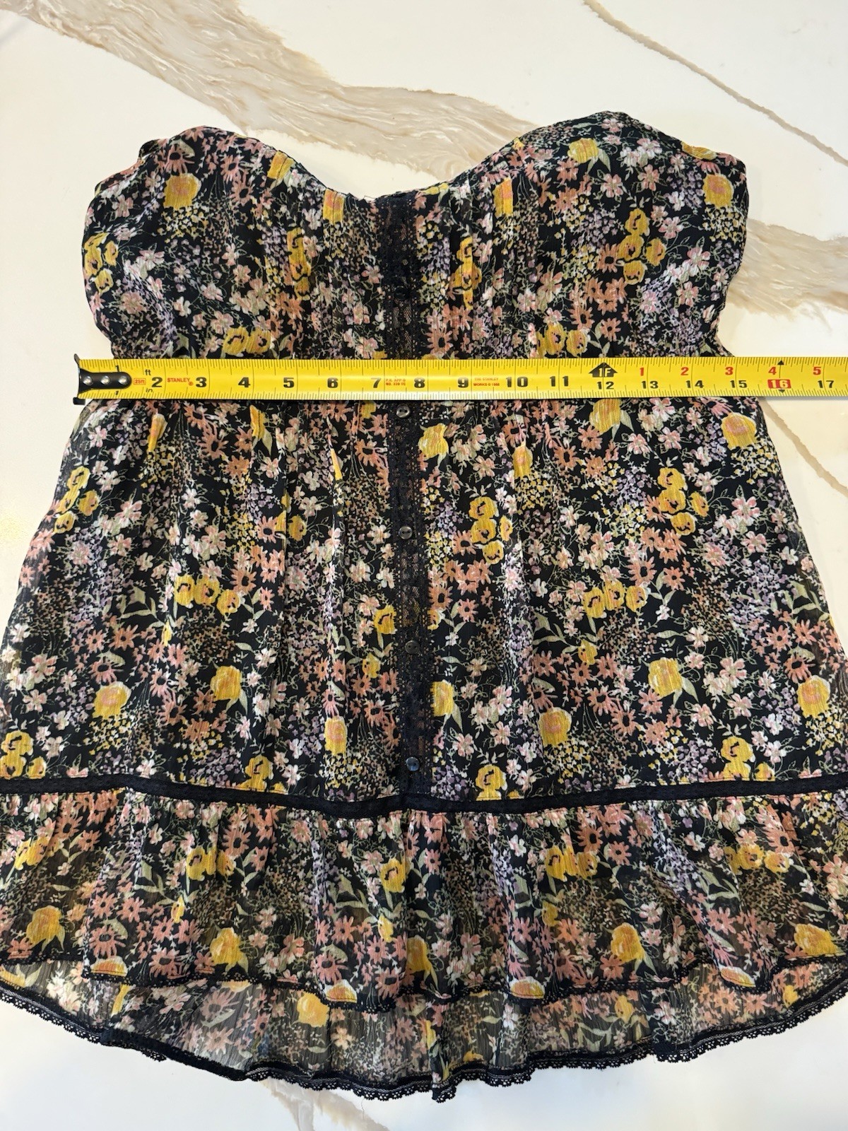 Y2K Decree Juniors Floral Chiffon Tank Top M Lace Trim Boho Ruffle Hem Lined
