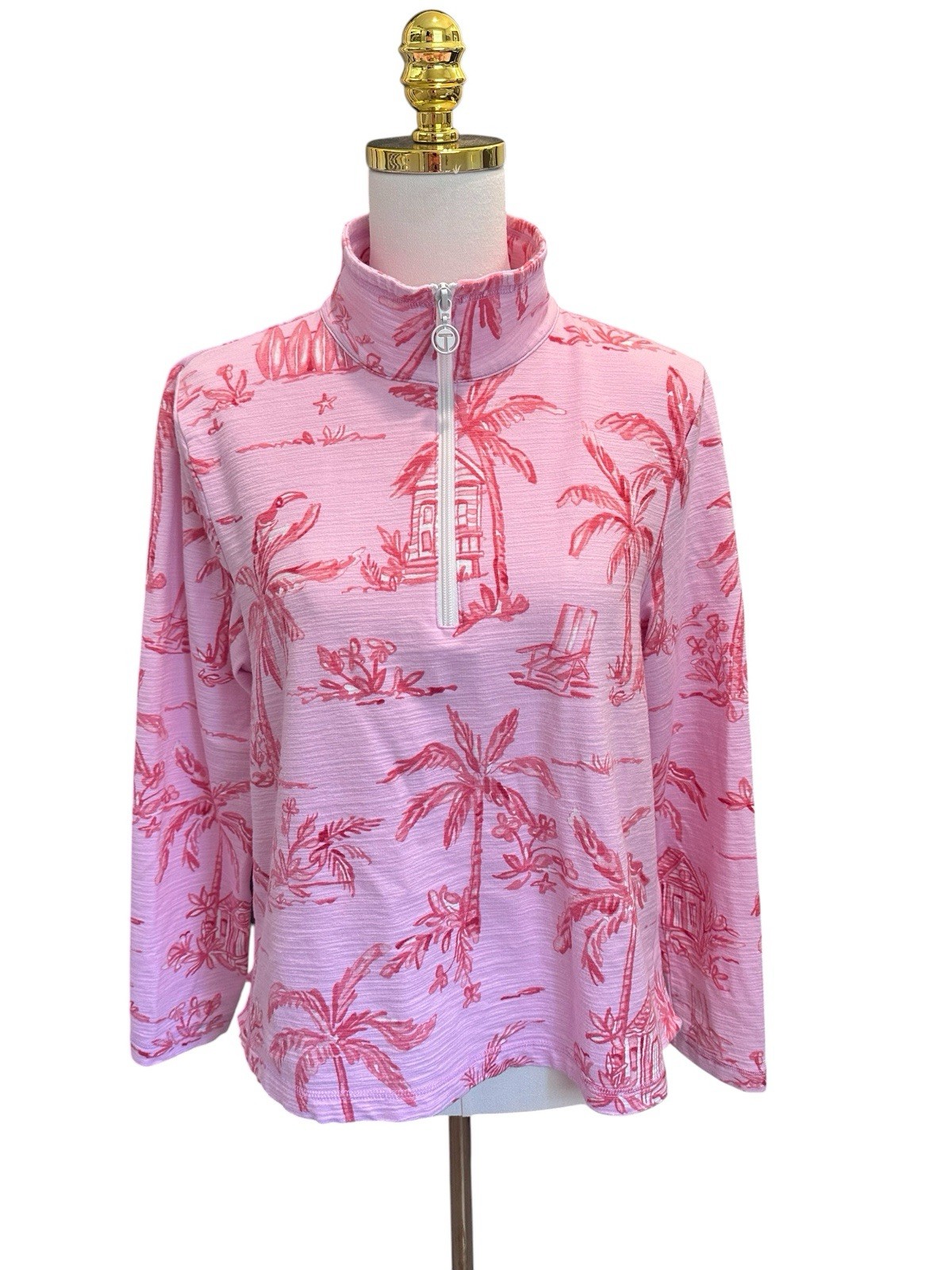Talbots Cozy Crush Half-Zip Pullover Beach Villa Print Pink Sz LP UPF 50+