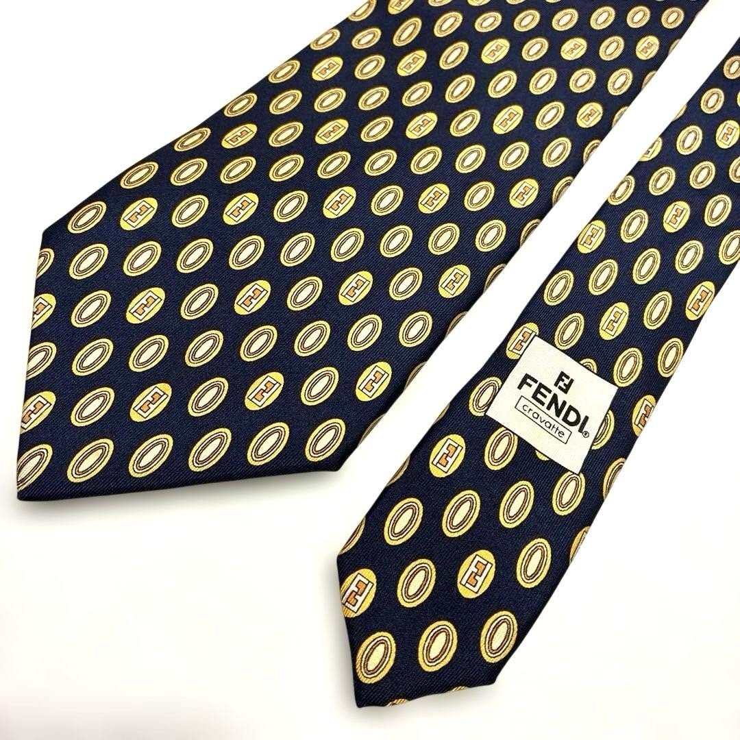 FENDI Zucca Pattern Navy Silk Tie Oval Classic Lux Used