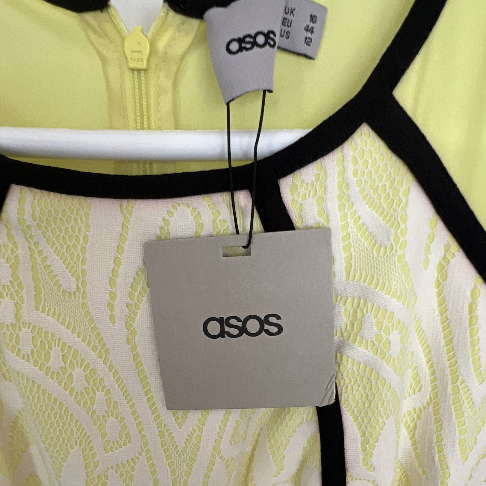 NWT ASOS Dress 12 / 16 Yellow Lace Pencil Bodycon Black Trim Sleeveless Party US