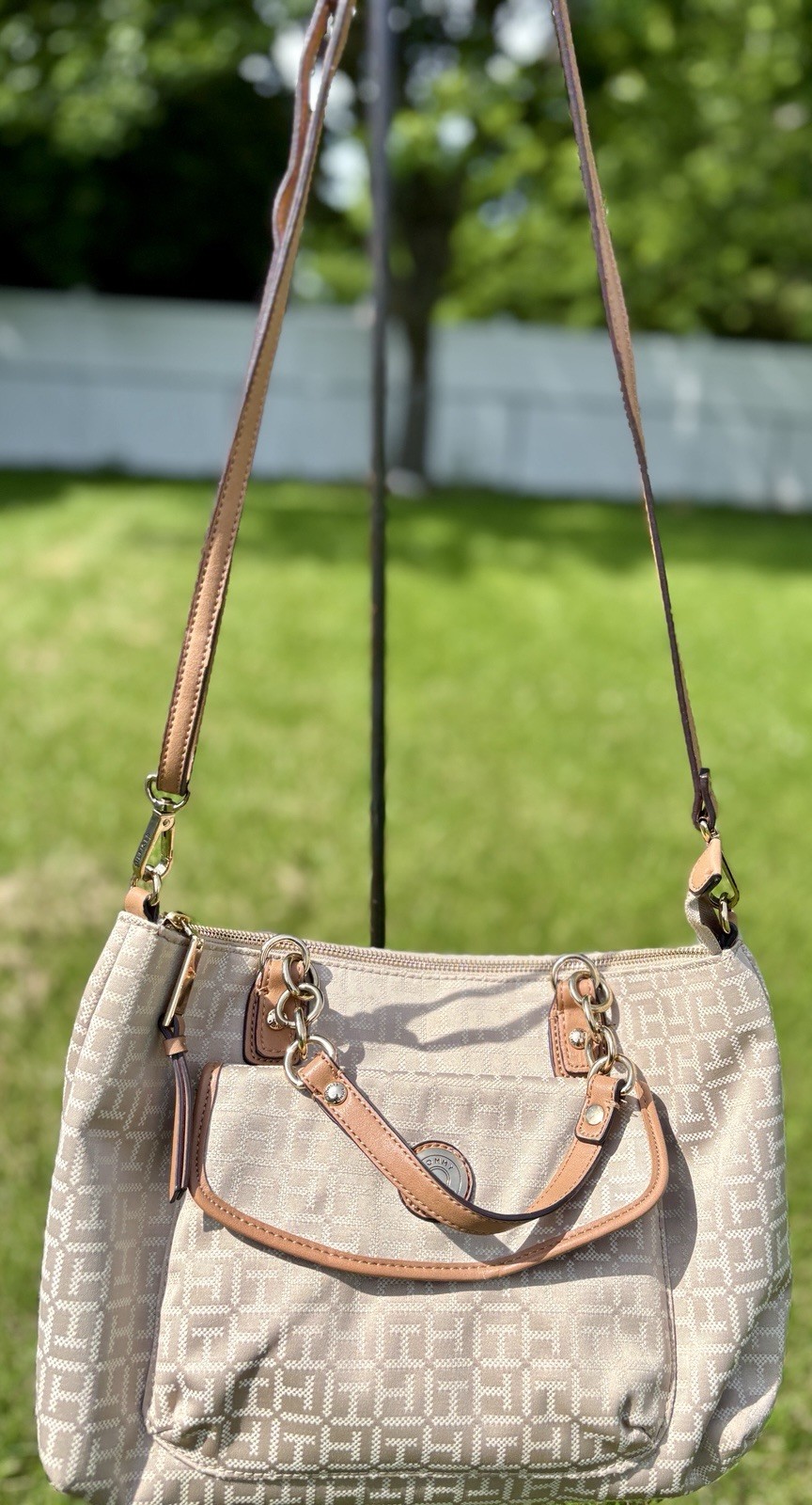 Tommy Hilfiger Coin with Chain Monogram Jacquard Travel Tote Khaki Tonal Logo