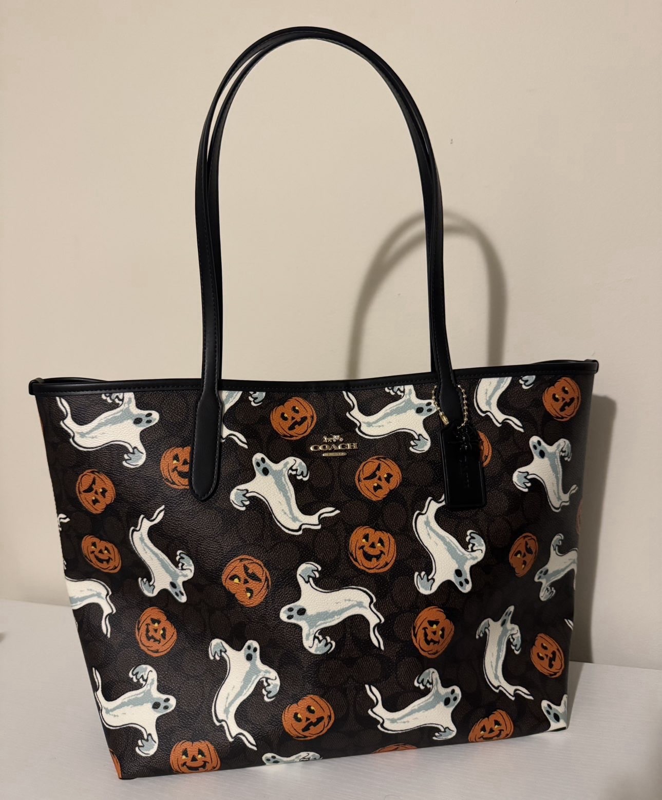 Coach Halloween Ghost & Pumpkin Print Large Tote, Black, Logo Charm, Open Top